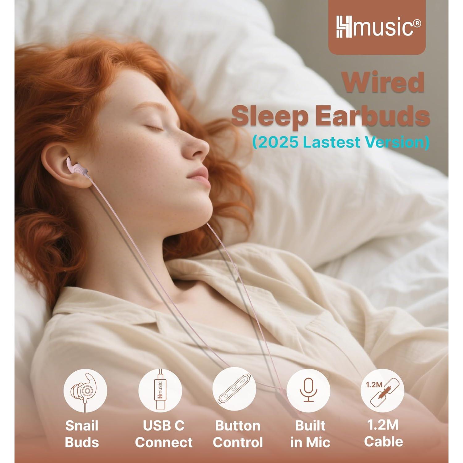 Sleep Earbuds,USB C Wired Sleep Headphones for Side Sleepers,30dB Noise Isolate Sleep Earplugs w/Mic,2g Lightweight Soft Silicone,Flat Thin Bed Earphones for Relax,Focus,Travel,Yoga(Pink)