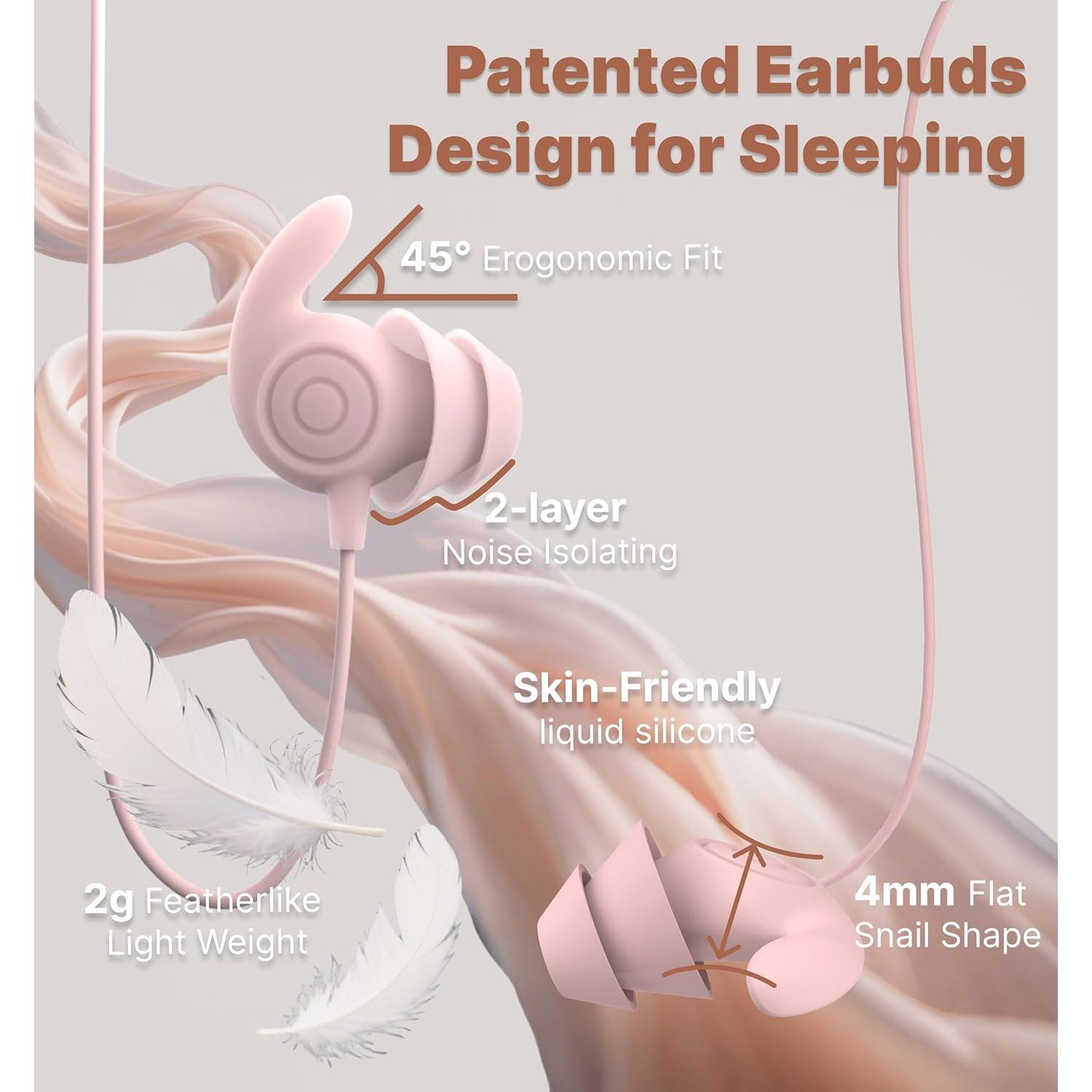 Sleep Earbuds,USB C Wired Sleep Headphones for Side Sleepers,30dB Noise Isolate Sleep Earplugs w/Mic,2g Lightweight Soft Silicone,Flat Thin Bed Earphones for Relax,Focus,Travel,Yoga(Pink)