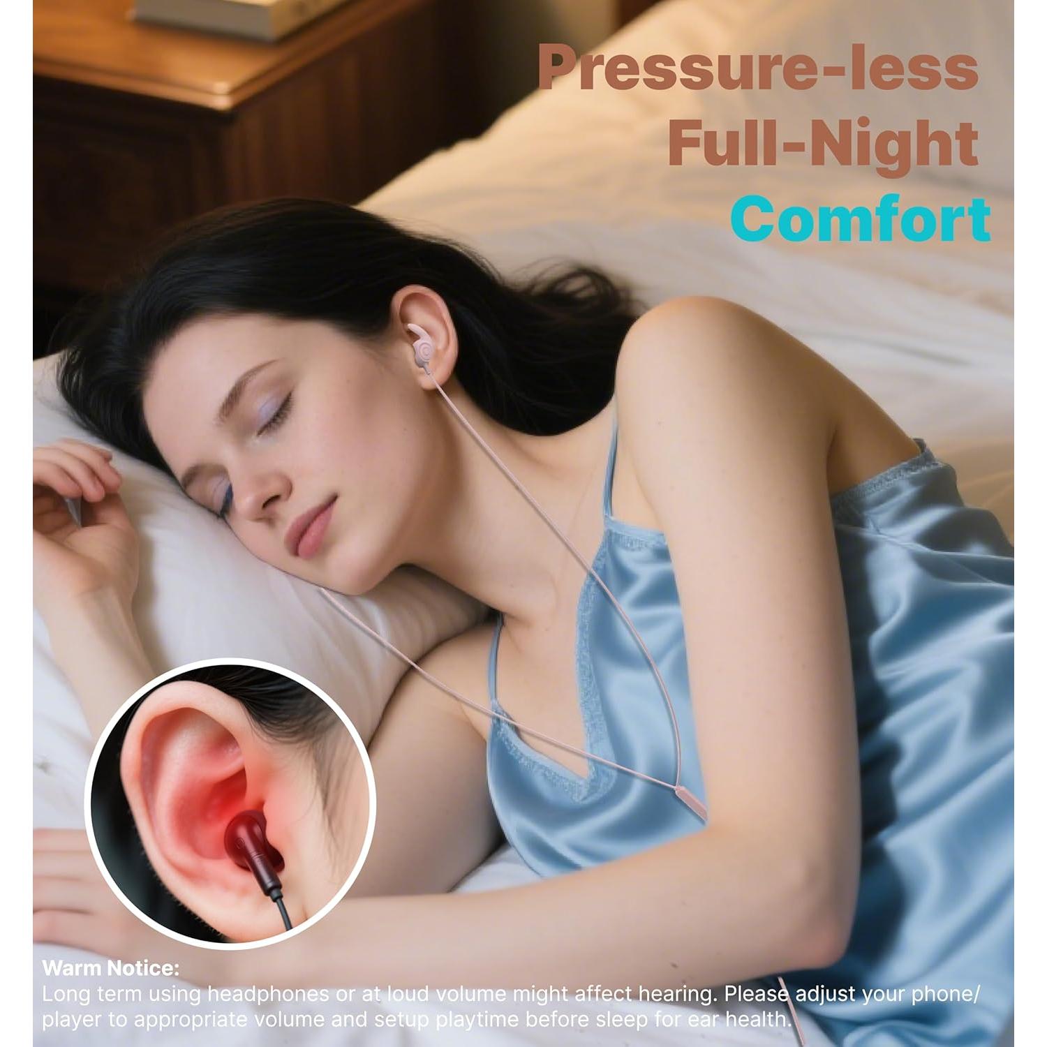 Sleep Earbuds,USB C Wired Sleep Headphones for Side Sleepers,30dB Noise Isolate Sleep Earplugs w/Mic,2g Lightweight Soft Silicone,Flat Thin Bed Earphones for Relax,Focus,Travel,Yoga(Pink)