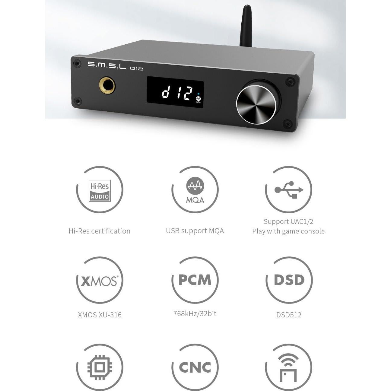DAC de Audio SMSL D12 HiFi USB Coaxial Óptica RCA 32-bit 768kHz