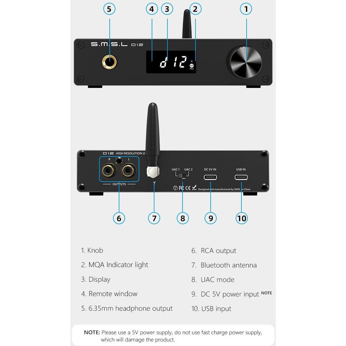 DAC de Audio SMSL D12 HiFi USB Coaxial Óptica RCA 32-bit 768kHz