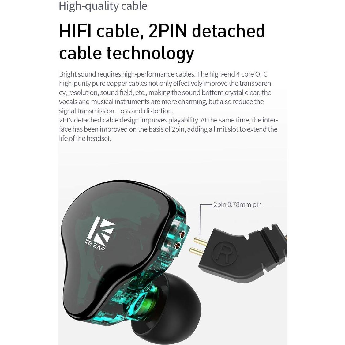 Auriculares In Ear KBEAR KS2 HiFi 1BA 1DD con Mic Cian