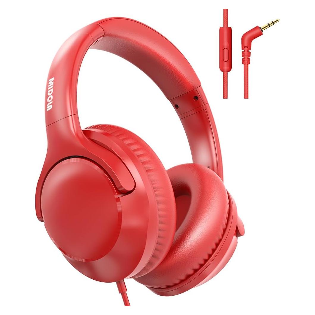 MIDOLA Wired Headphones Over-Ear Hi-Fi Sound with Microphone Adjustable Foldable, 1.5M Cord & 3.5mm Jack, Lightweight Headset for Kids Adults PC iPad Laptop Red