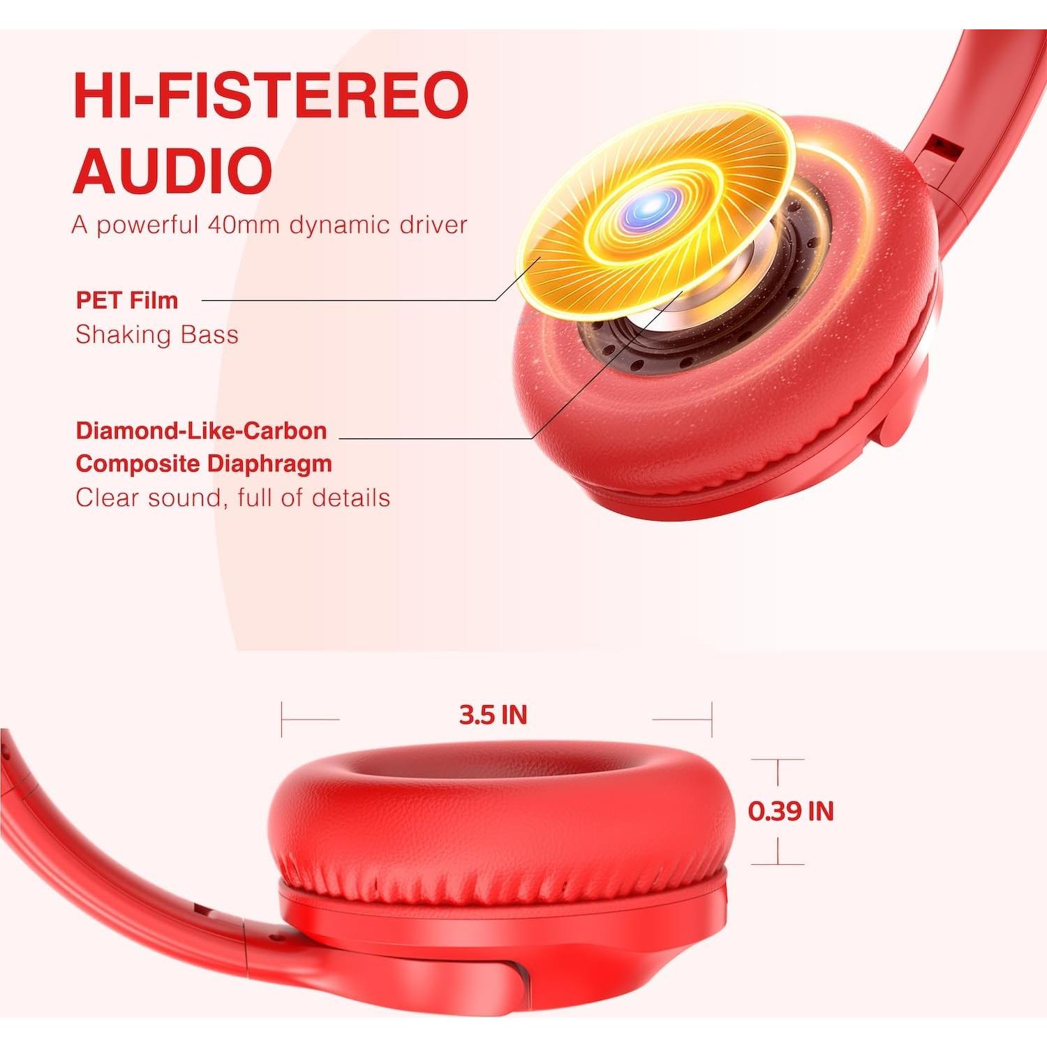 MIDOLA Wired Headphones Over-Ear Hi-Fi Sound with Microphone Adjustable Foldable, 1.5M Cord & 3.5mm Jack, Lightweight Headset for Kids Adults PC iPad Laptop Red