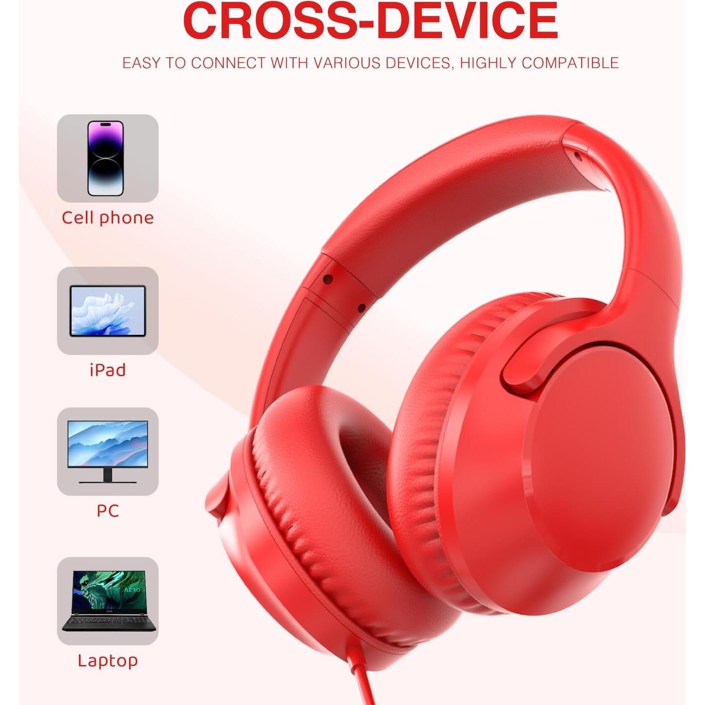 MIDOLA Wired Headphones Over-Ear Hi-Fi Sound with Microphone Adjustable Foldable, 1.5M Cord & 3.5mm Jack, Lightweight Headset for Kids Adults PC iPad Laptop Red