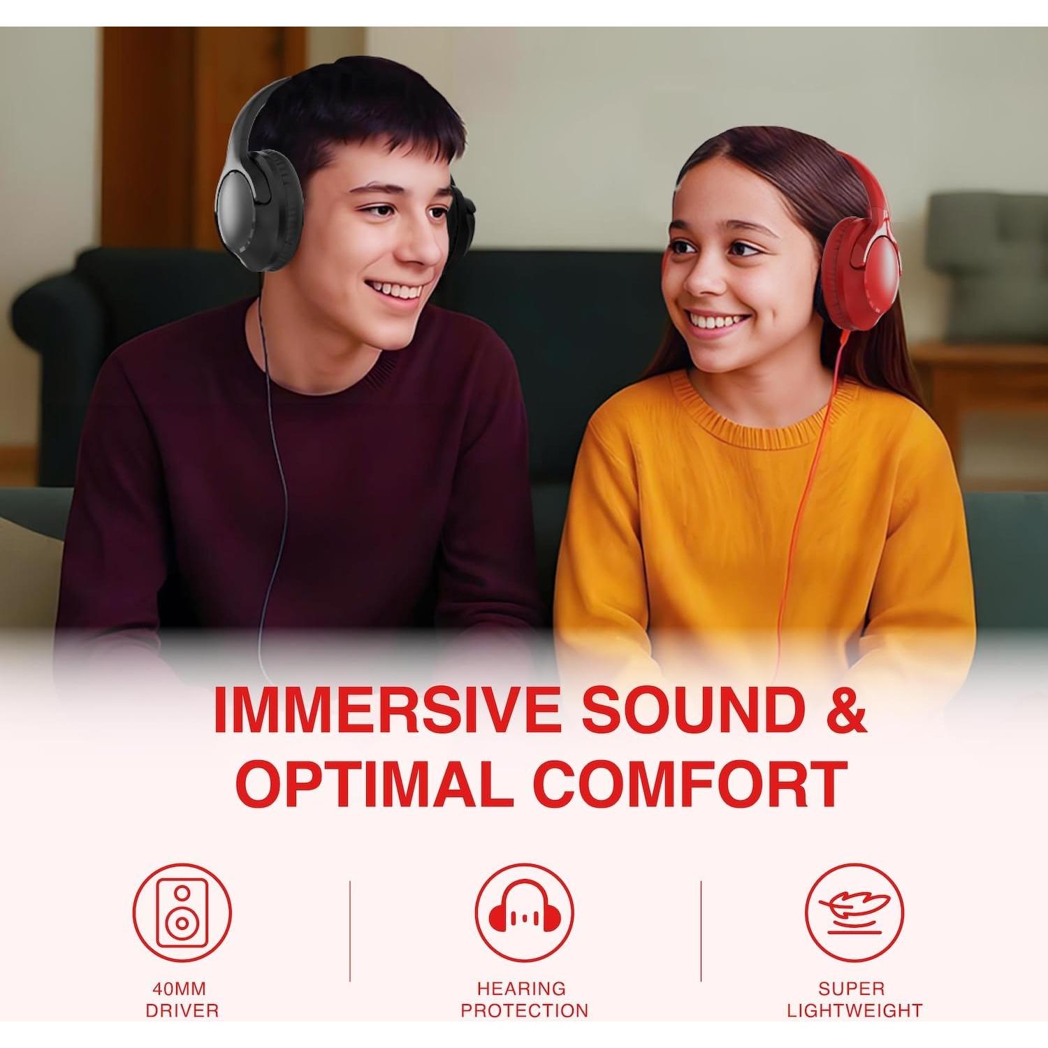 MIDOLA Wired Headphones Over-Ear Hi-Fi Sound with Microphone Adjustable Foldable, 1.5M Cord & 3.5mm Jack, Lightweight Headset for Kids Adults PC iPad Laptop Red