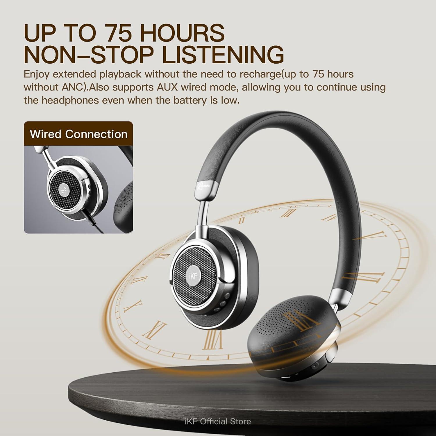 Auriculares iKF Rona Retro con ANC, 75H, Sonido 3D, Negro