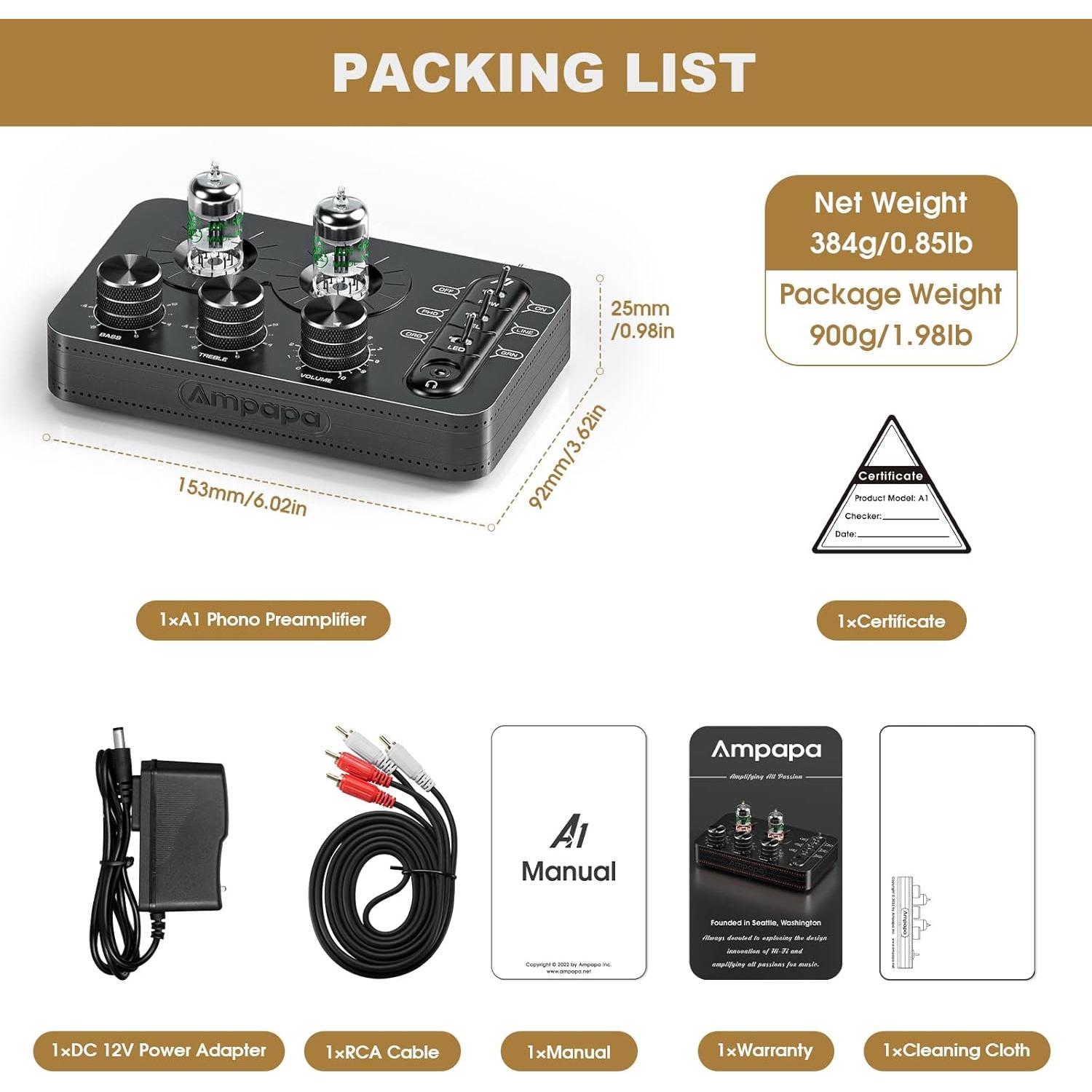 Preamplificador de Fono Ampapa A1 para Tocadiscos MM Hi-Fi