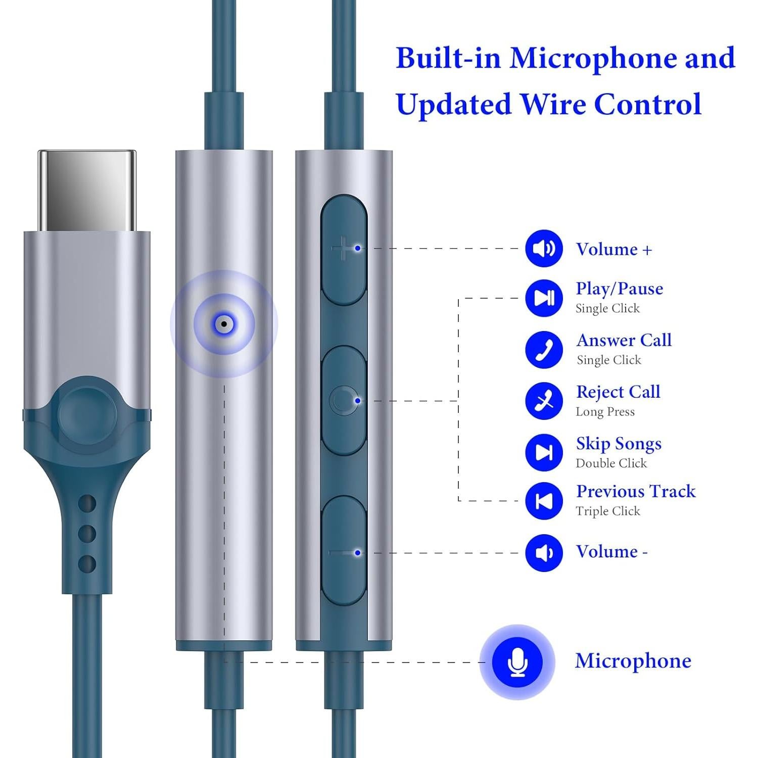 Auriculares USB C APETOO HiFi Estéreo con Micrófono Azul Lago