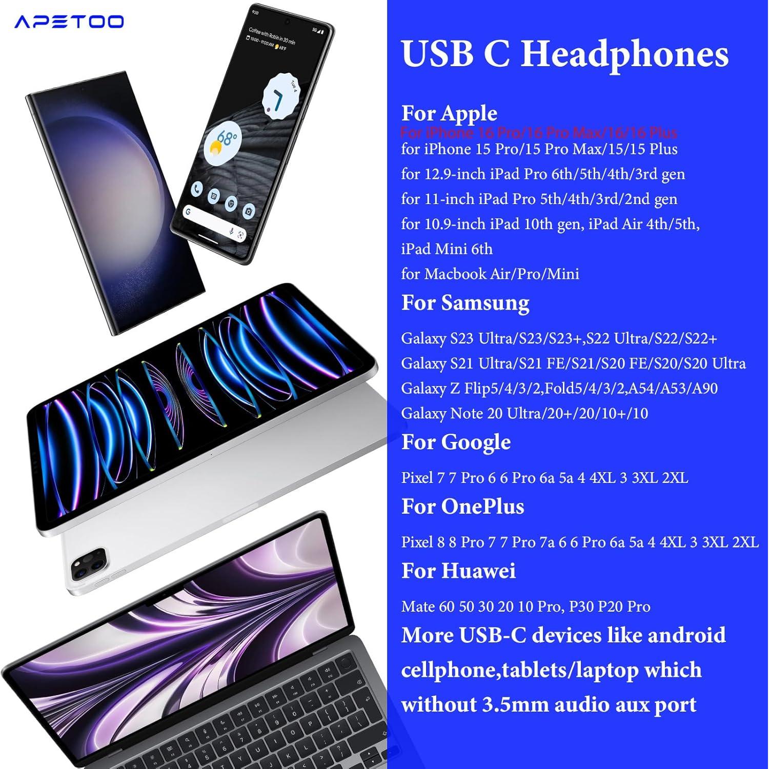 Auriculares USB C APETOO HiFi Estéreo con Micrófono Azul Lago