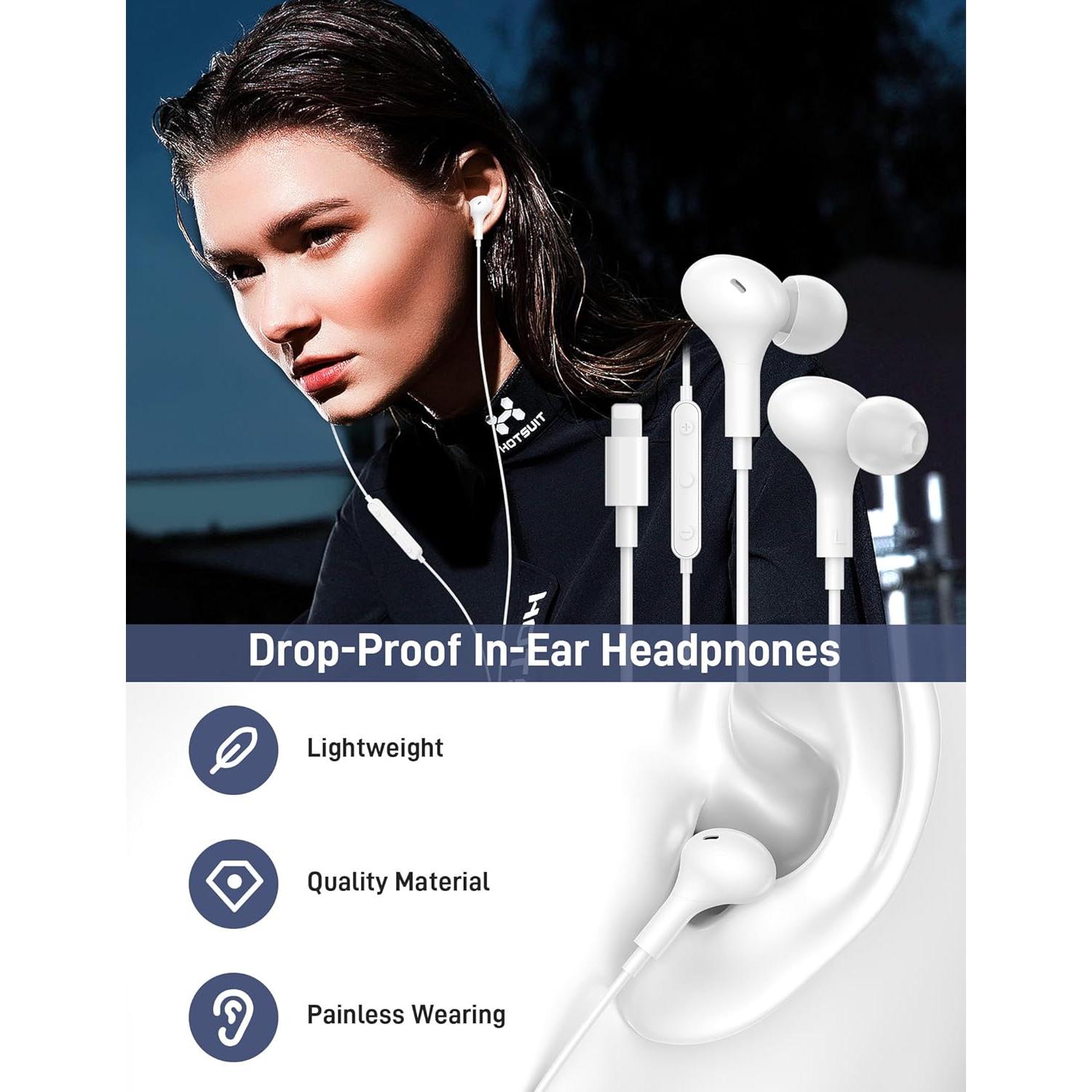 for MFi-Certified Lightning Wired Earbuds for Apple, Magnetic in Ear Buds Headphones with HiFi Bass,3 Ear Tips Mic Corded Earphones for Gym, Commuting for iPhone 14 Plus 13 12 11 Pro Max White