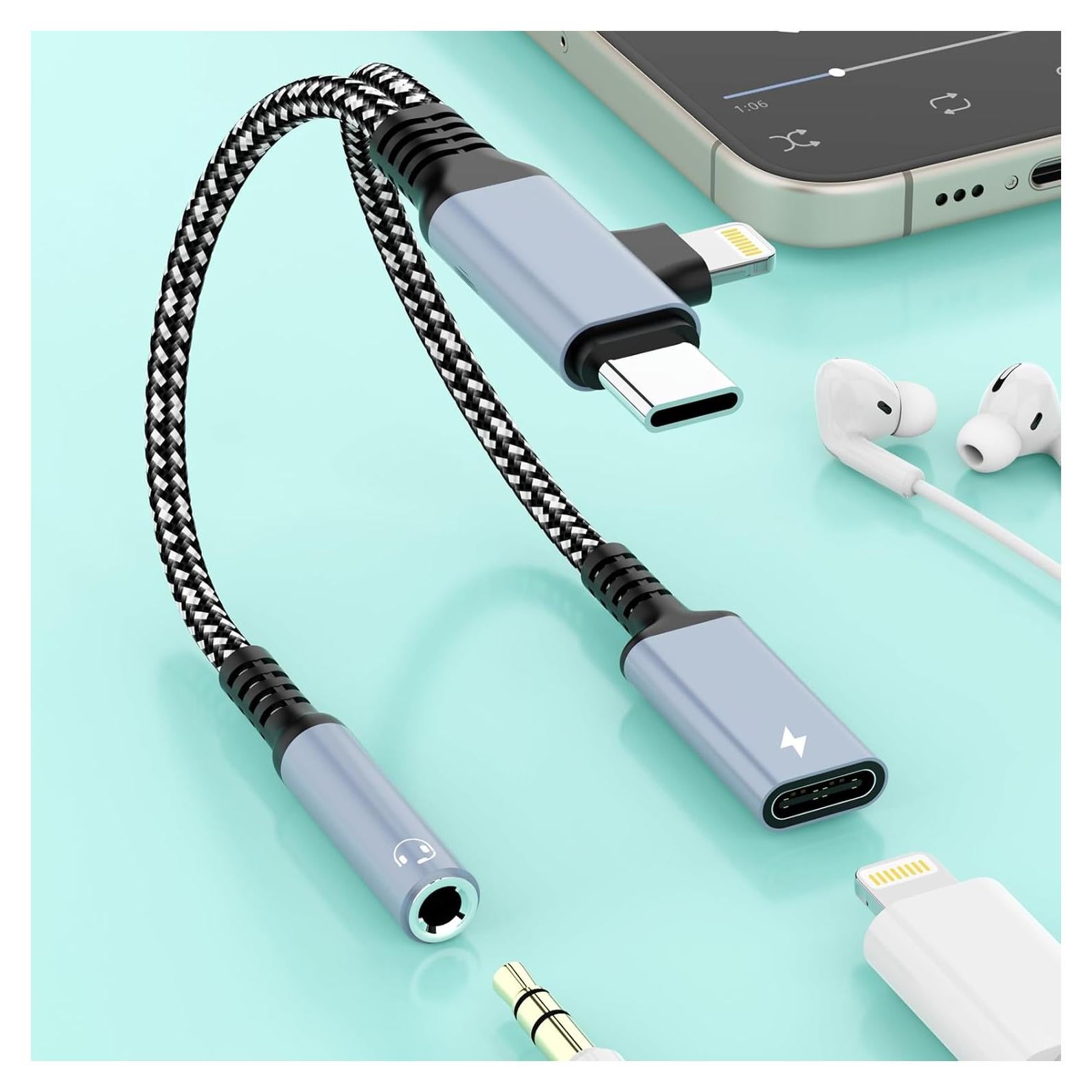 Adaptador Divisor de Carga y Auriculares Lightning USB C 3.5mm