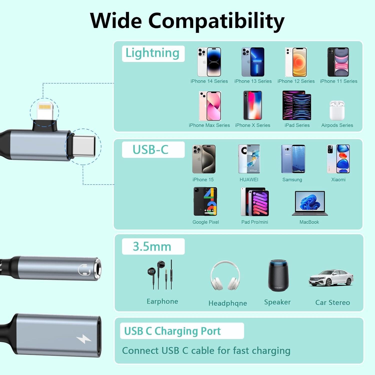 Adaptador Divisor de Carga y Auriculares Lightning USB C 3.5mm
