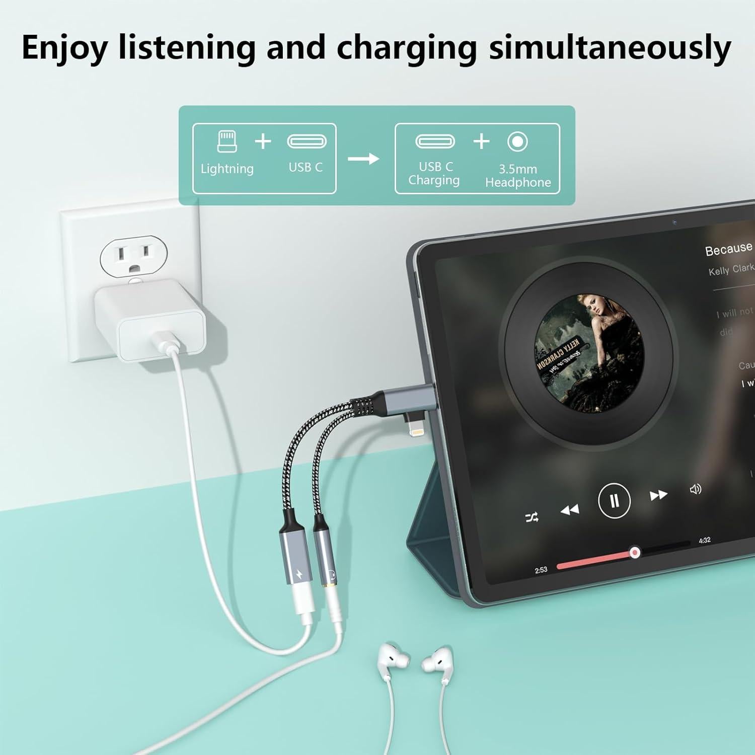 Adaptador Divisor de Carga y Auriculares Lightning USB C 3.5mm