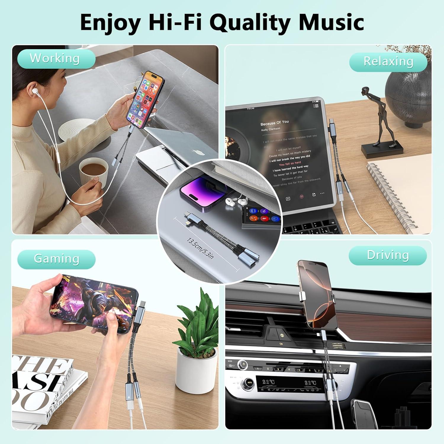 Adaptador Divisor de Carga y Auriculares Lightning USB C 3.5mm