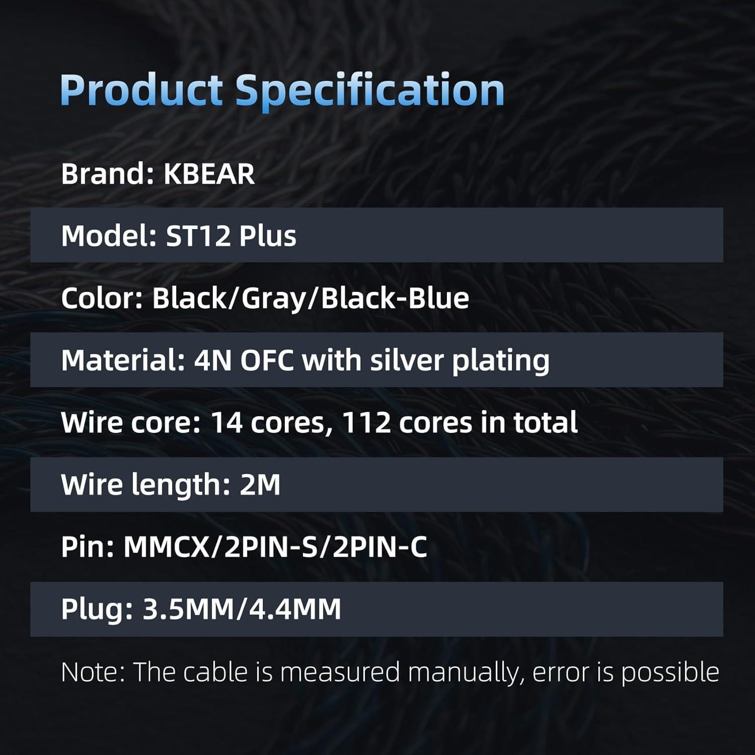 Cable IEM KBEAR ST12 Plus 2m 8 Núcleos 4N OFC 2PIN 3.5MM