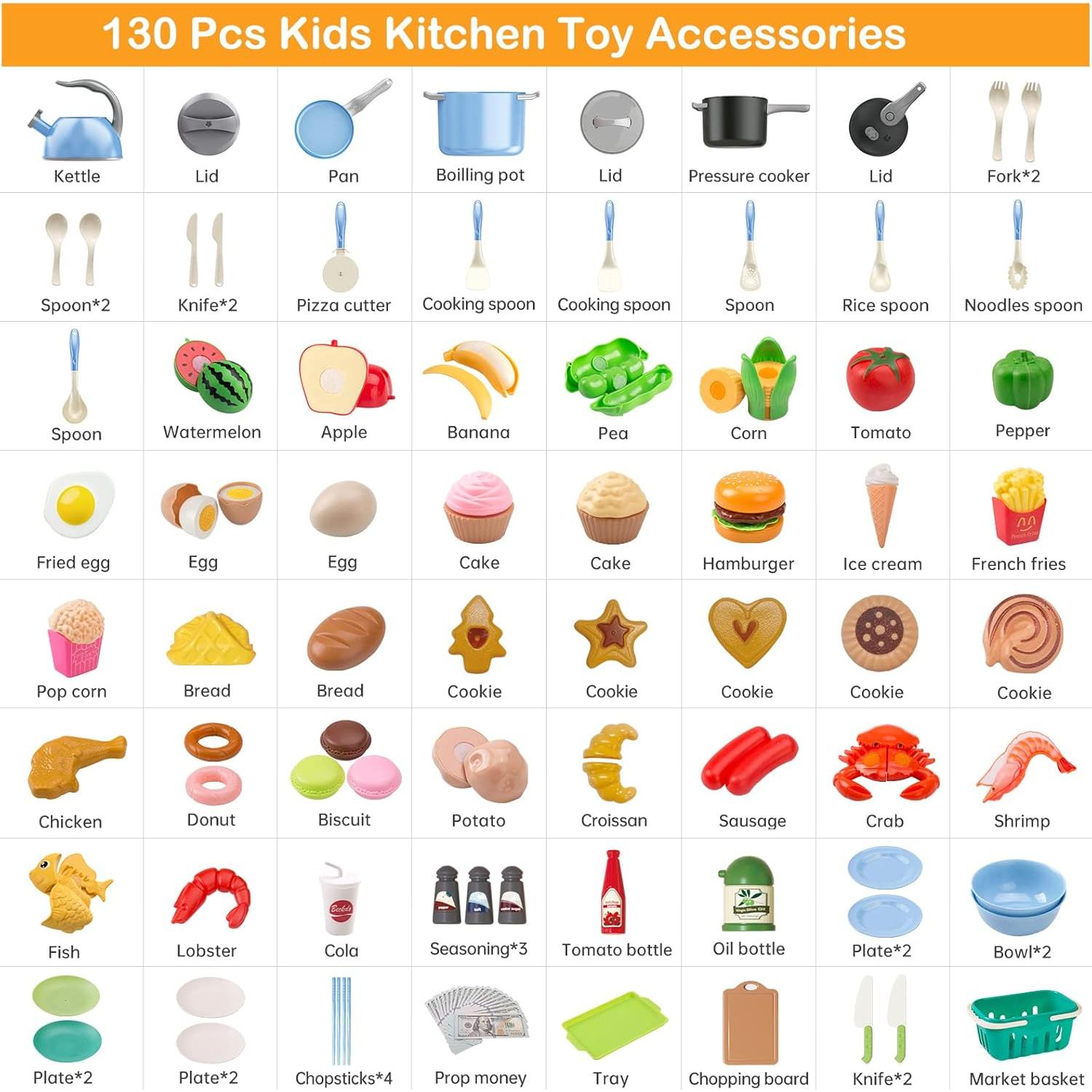 Juego de Cocina 130 Pcs Funpynani - Utensilios y Alimentos Juguete