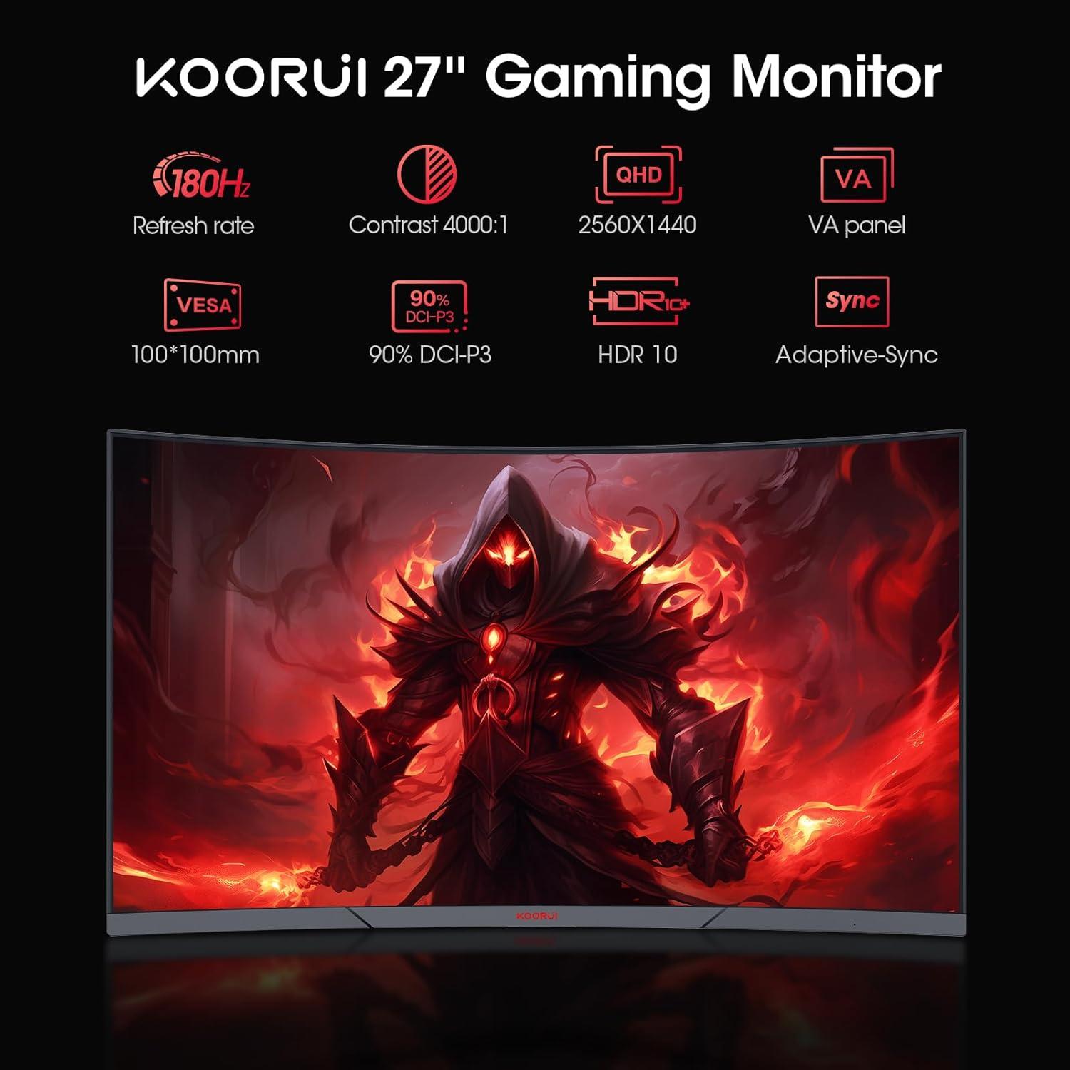 Monitor Curvo KOORUI 27" QHD 180Hz 1ms Sincronización Adaptativa
