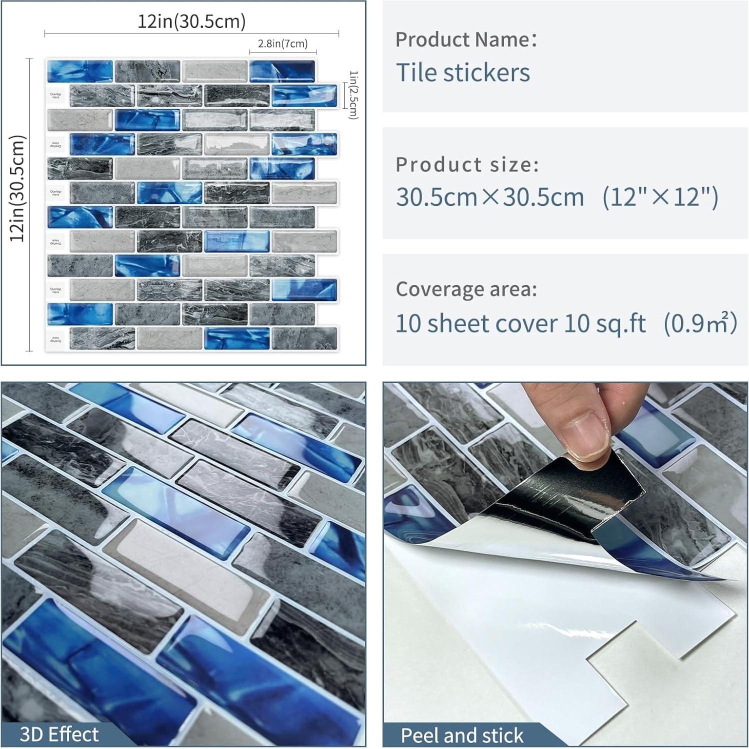 Fondo de Cocina Autoadhesivo DEWOO 3D Mármol Azul 10 Hojas 30x30 cm