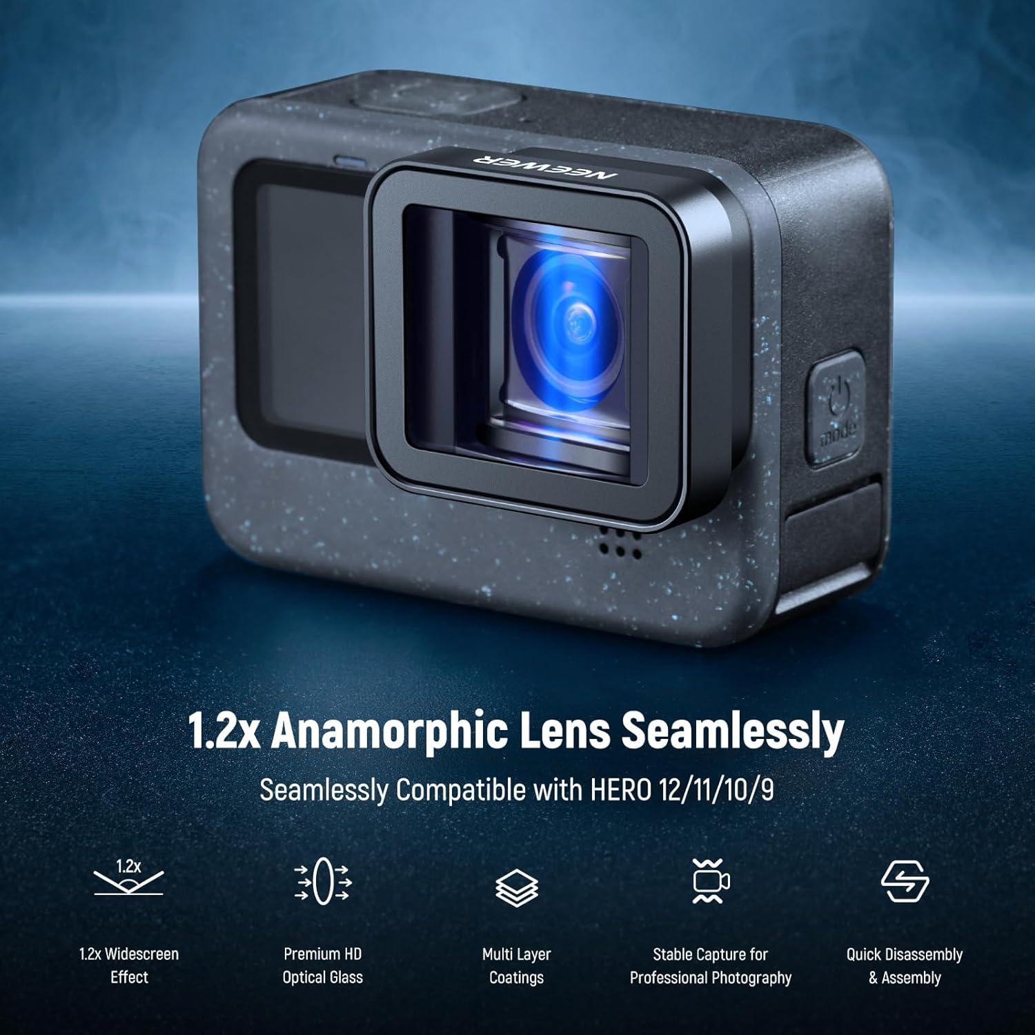 NEEWER 1.2X Anamorphic Lens Compatible with Gopro Hero 12 11 10 9 Black, Widescreen Cinematic Effect with Blue Flare, Anti Reflection Multi Coated HD Optical Lens, LS-56