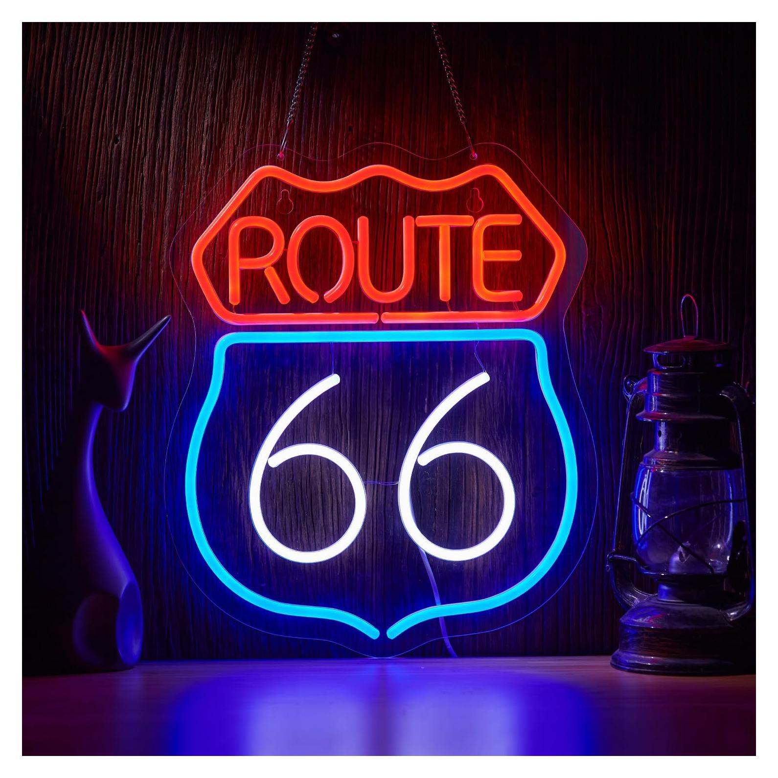 Letrero de Neón Ruta 66 Rojo Blanco Azul LED 38x33 cm