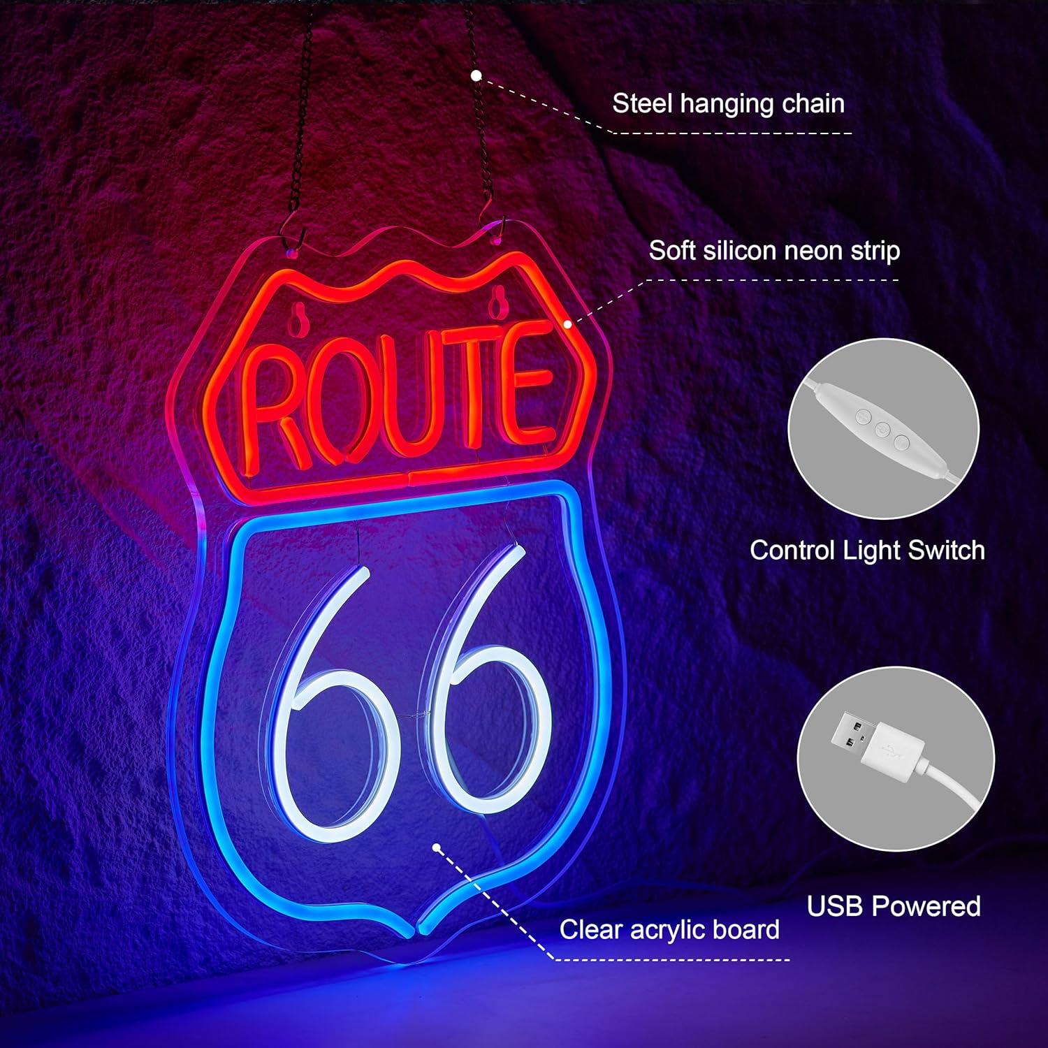 Letrero de Neón Ruta 66 Rojo Blanco Azul LED 38x33 cm