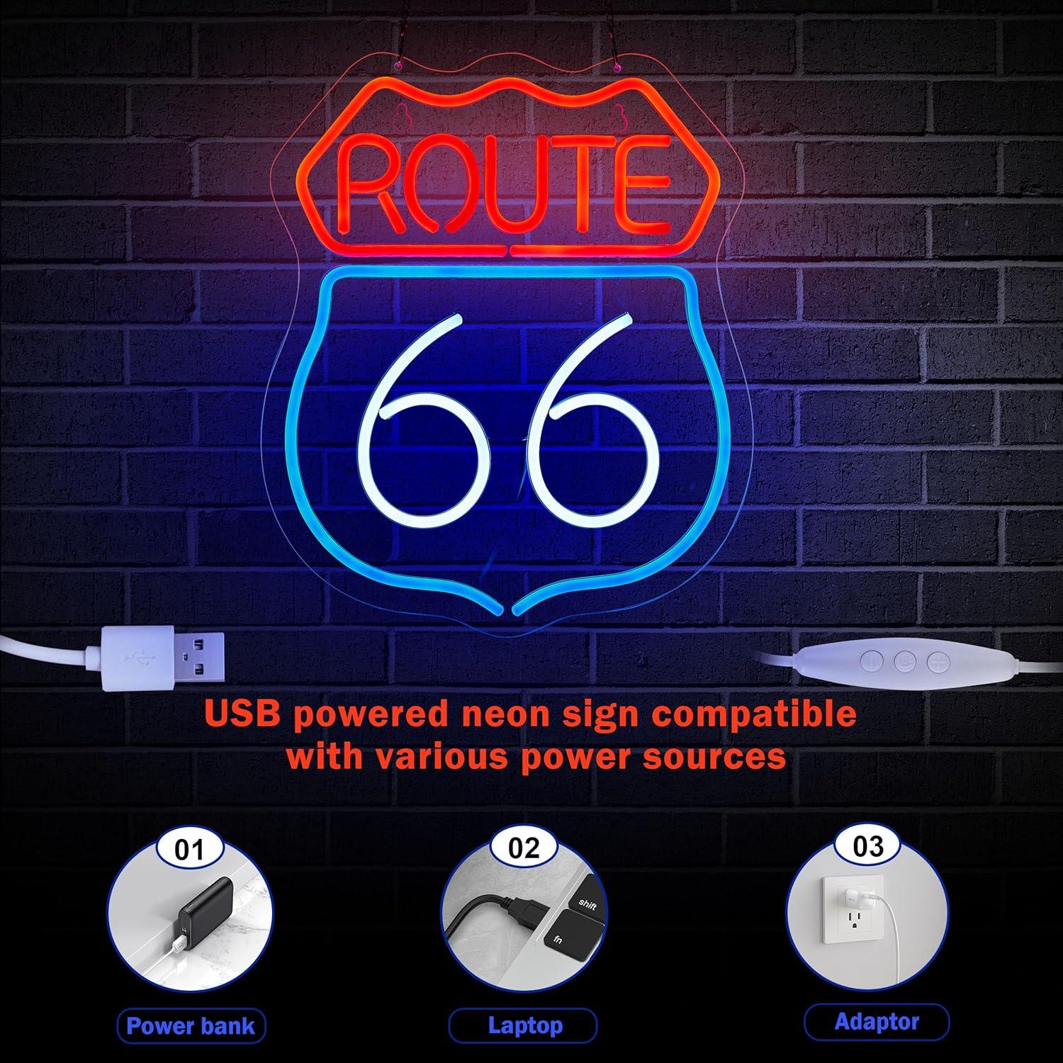 Letrero de Neón Ruta 66 Rojo Blanco Azul LED 38x33 cm