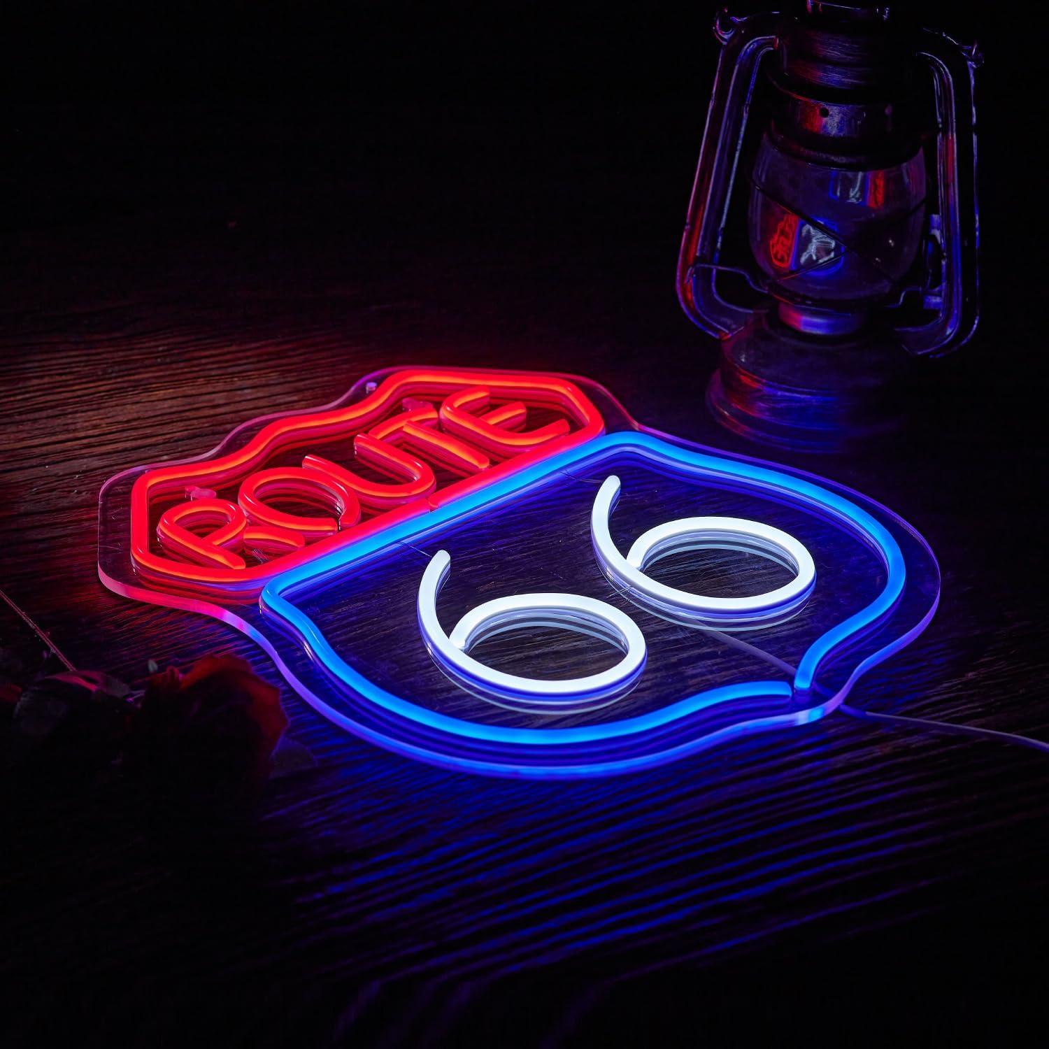 Letrero de Neón Ruta 66 Rojo Blanco Azul LED 38x33 cm