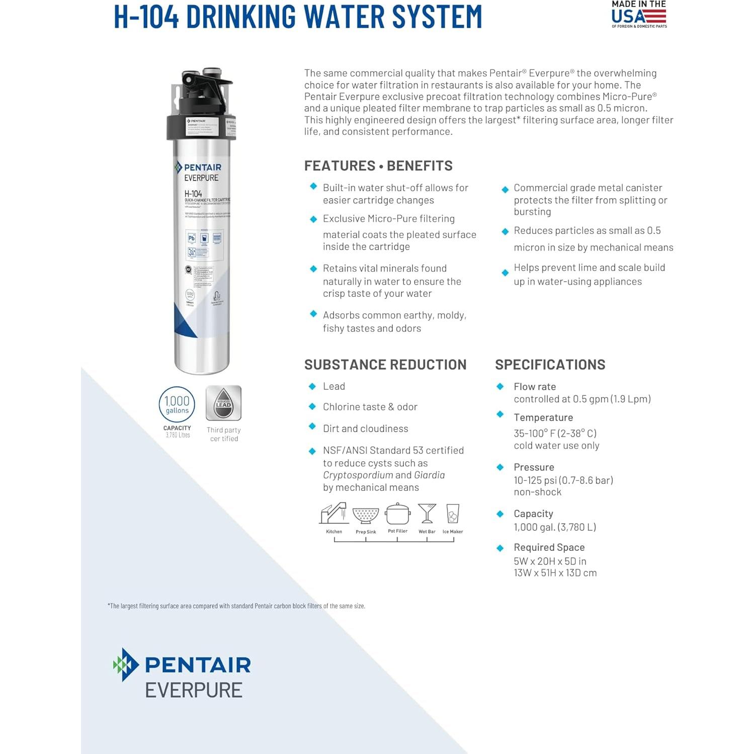 Sistema de Filtración de Agua Pentair Everpure H-104, 3,785 L