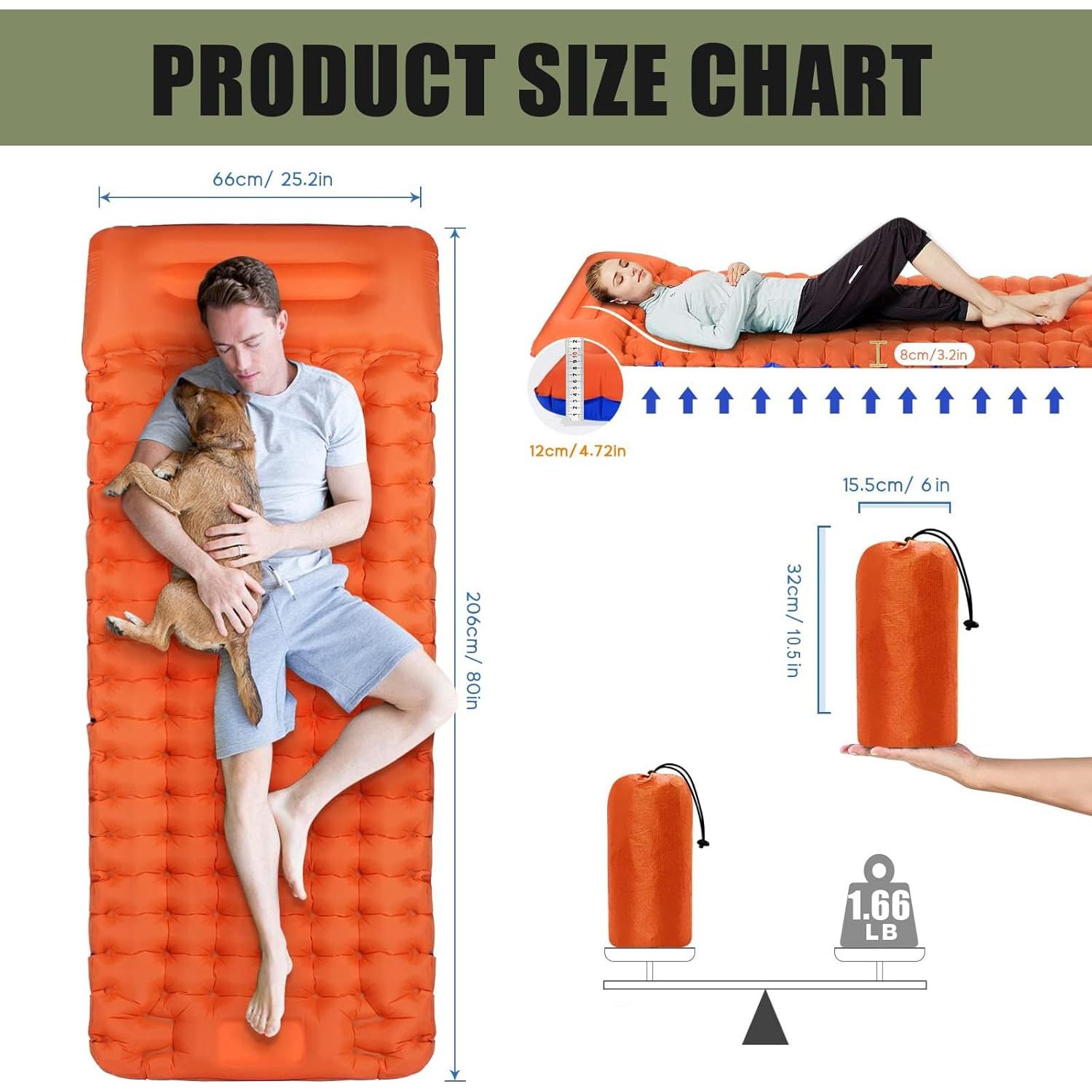 Colchoneta de Camping GGOV Naranja Individual 203x64x12 cm