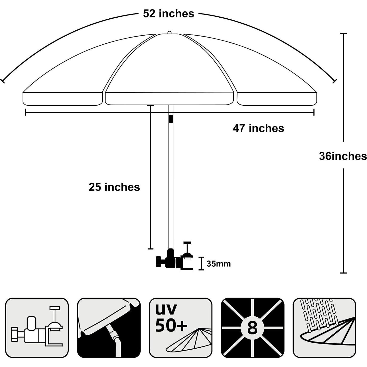 Paraguas XL AMMSUN con abrazadera universal 132 cm UPF 50+