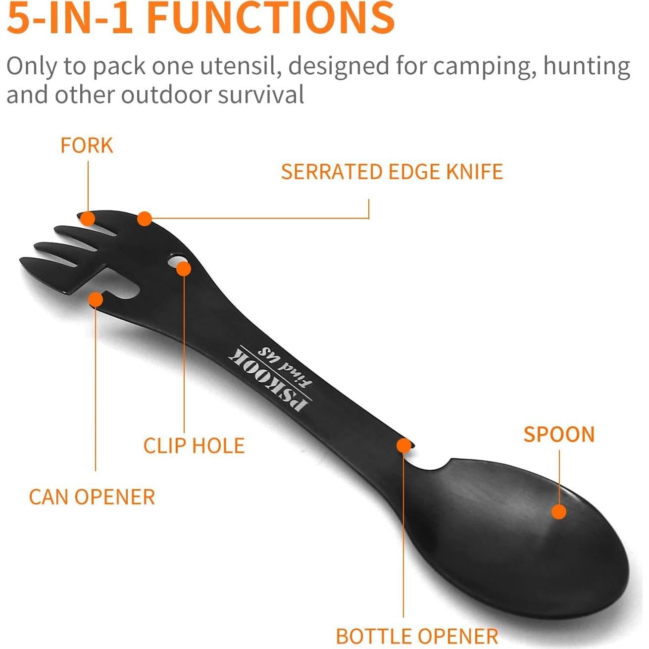 Cuchara Táctica 5-en-1 PSKOOK Acero Inoxidable 17.5cm Negra
