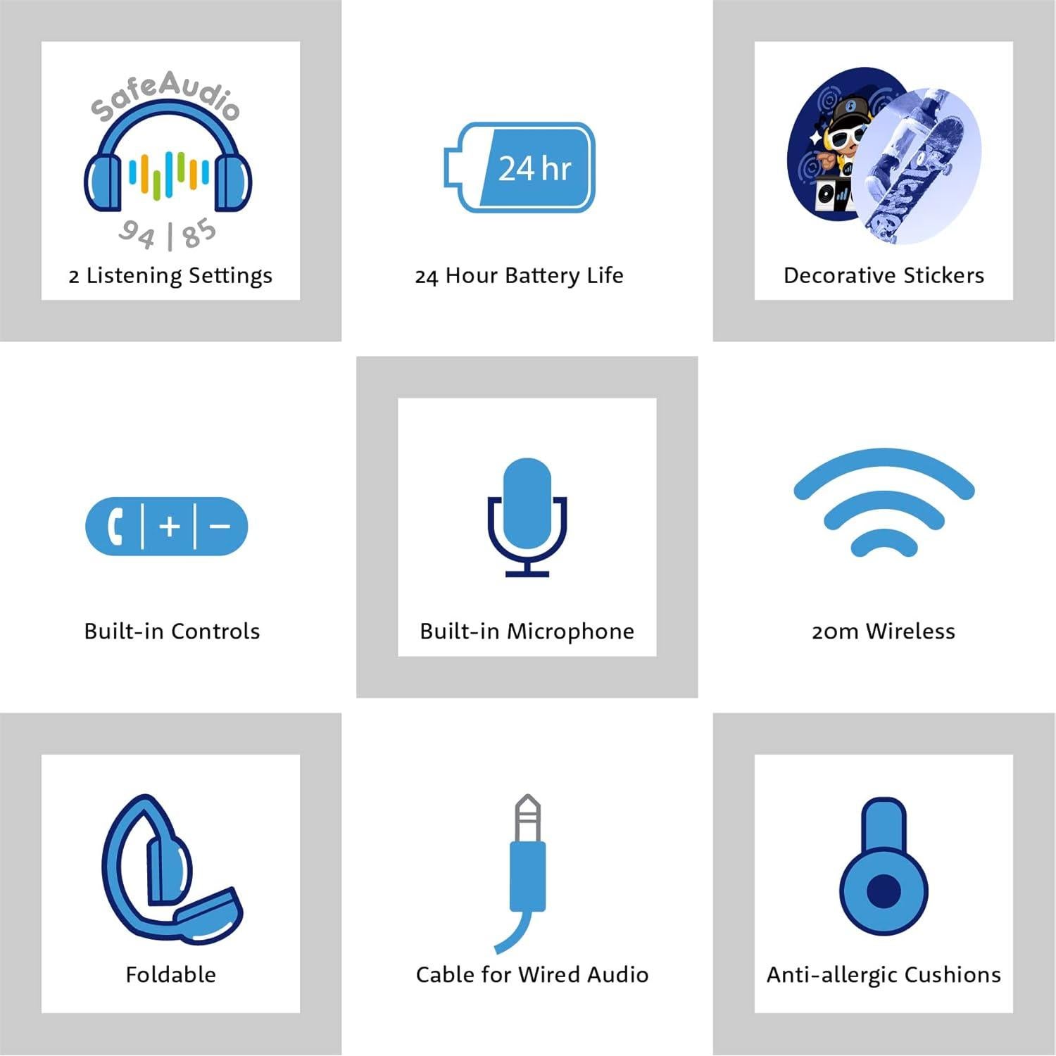 Auriculares Bluetooth Plegables Onanoff BuddyPhones PopFun Azul - SafeAudio 85/94dB