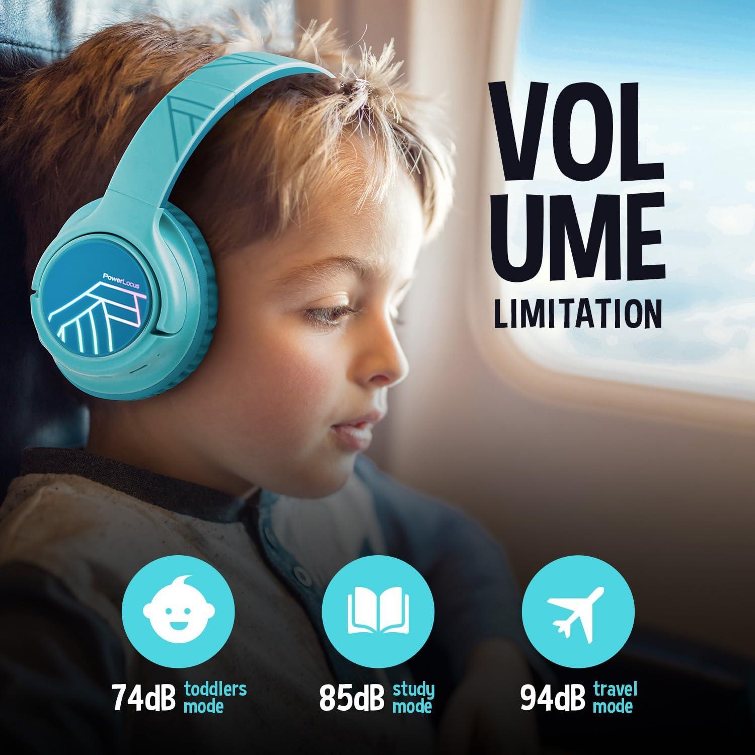 PowerLocus Kids Wireless Headphones, Bluetooth Kids Headphones LED Lights Over Ear with 74/85/94dB Volume Limited, 45H Playtime,Built-in Mic, Two Device Share Mode, HD Stereo for Travel/PC/Tablet