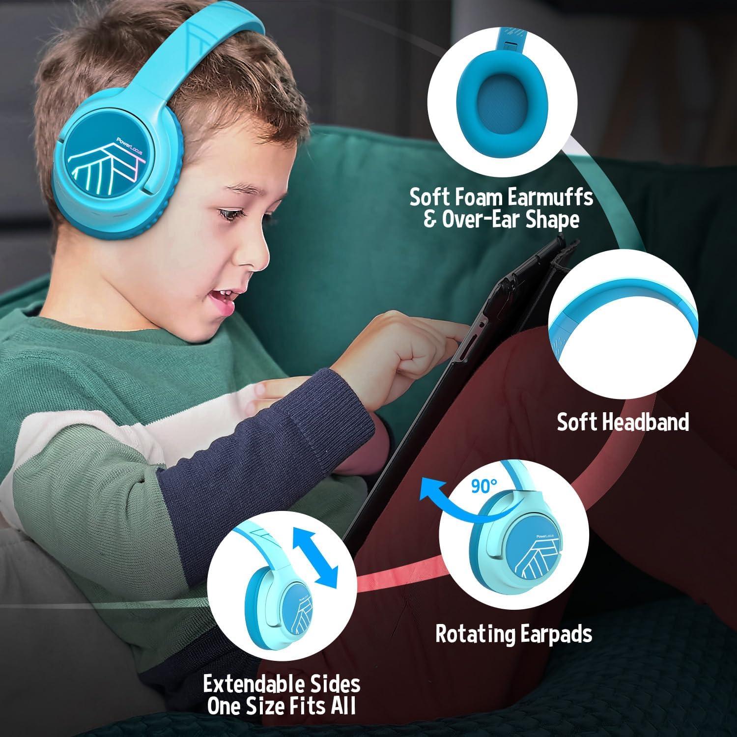 PowerLocus Kids Wireless Headphones, Bluetooth Kids Headphones LED Lights Over Ear with 74/85/94dB Volume Limited, 45H Playtime,Built-in Mic, Two Device Share Mode, HD Stereo for Travel/PC/Tablet