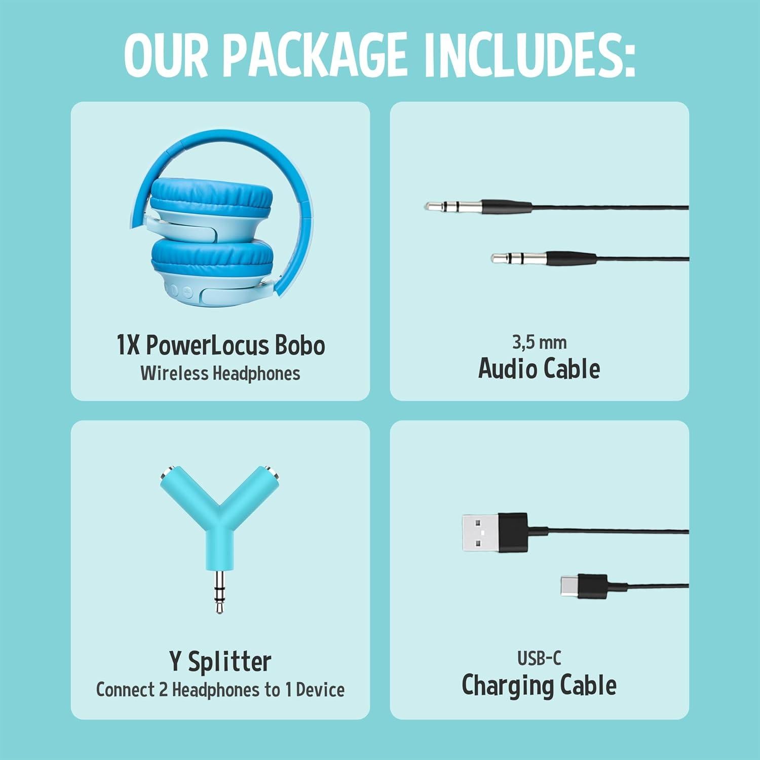 PowerLocus Kids Wireless Headphones, Bluetooth Kids Headphones LED Lights Over Ear with 74/85/94dB Volume Limited, 45H Playtime,Built-in Mic, Two Device Share Mode, HD Stereo for Travel/PC/Tablet