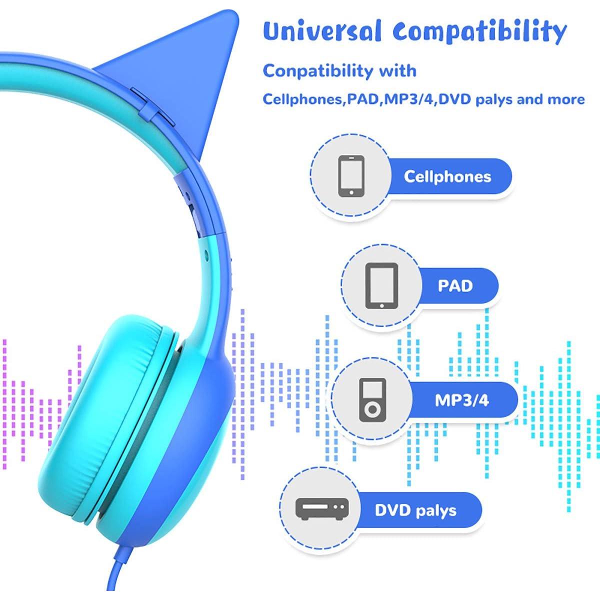 gorsun Kids Headphones with Limited Volume, Cat Ear Toddler Headphones, Wired Headphone Over Ear for Boys and Girls,Stereo Sound Foldable 3.5mm Headset for Children