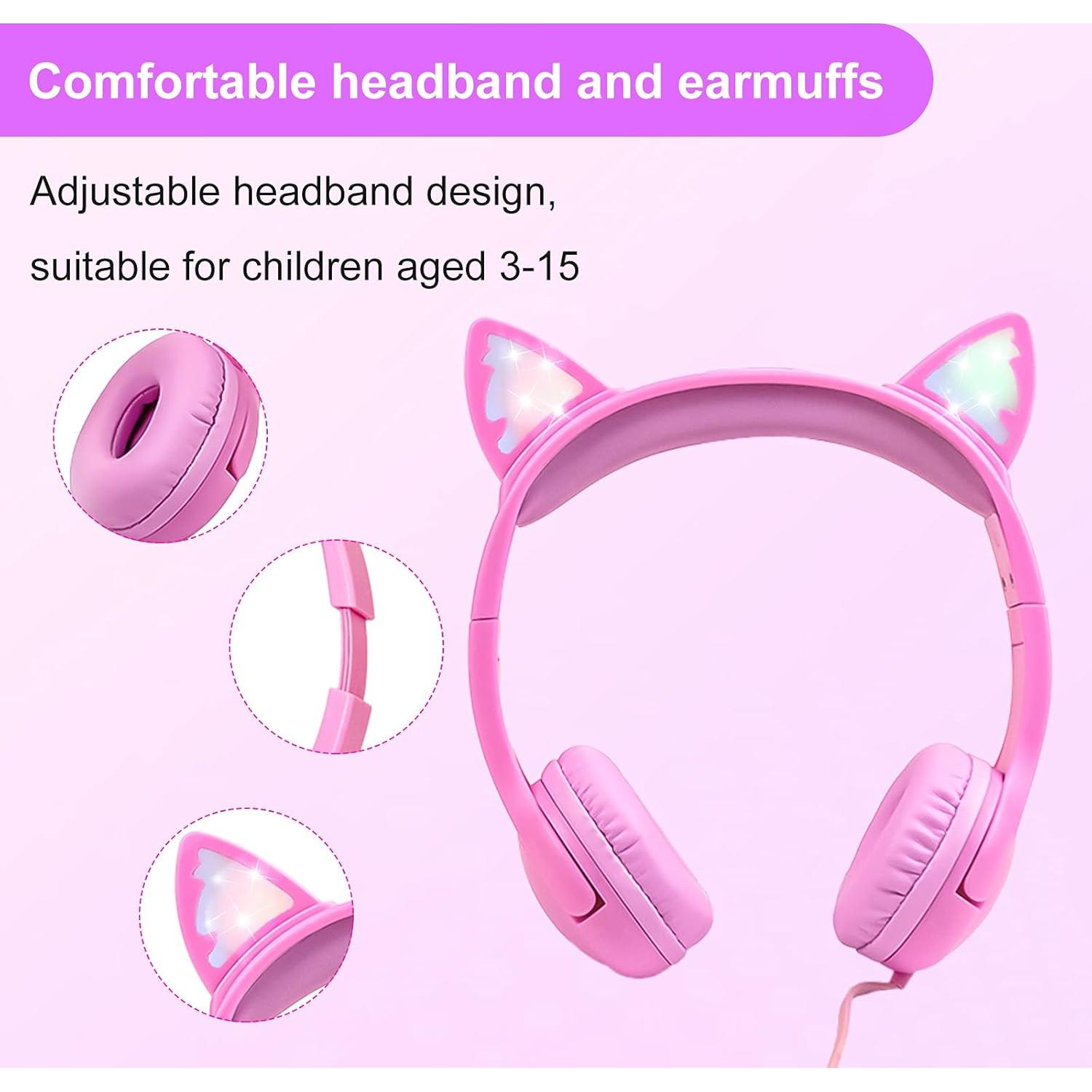 Auriculares de Gato Rosa LIMSON 85dB con Luz LED y Micrófono