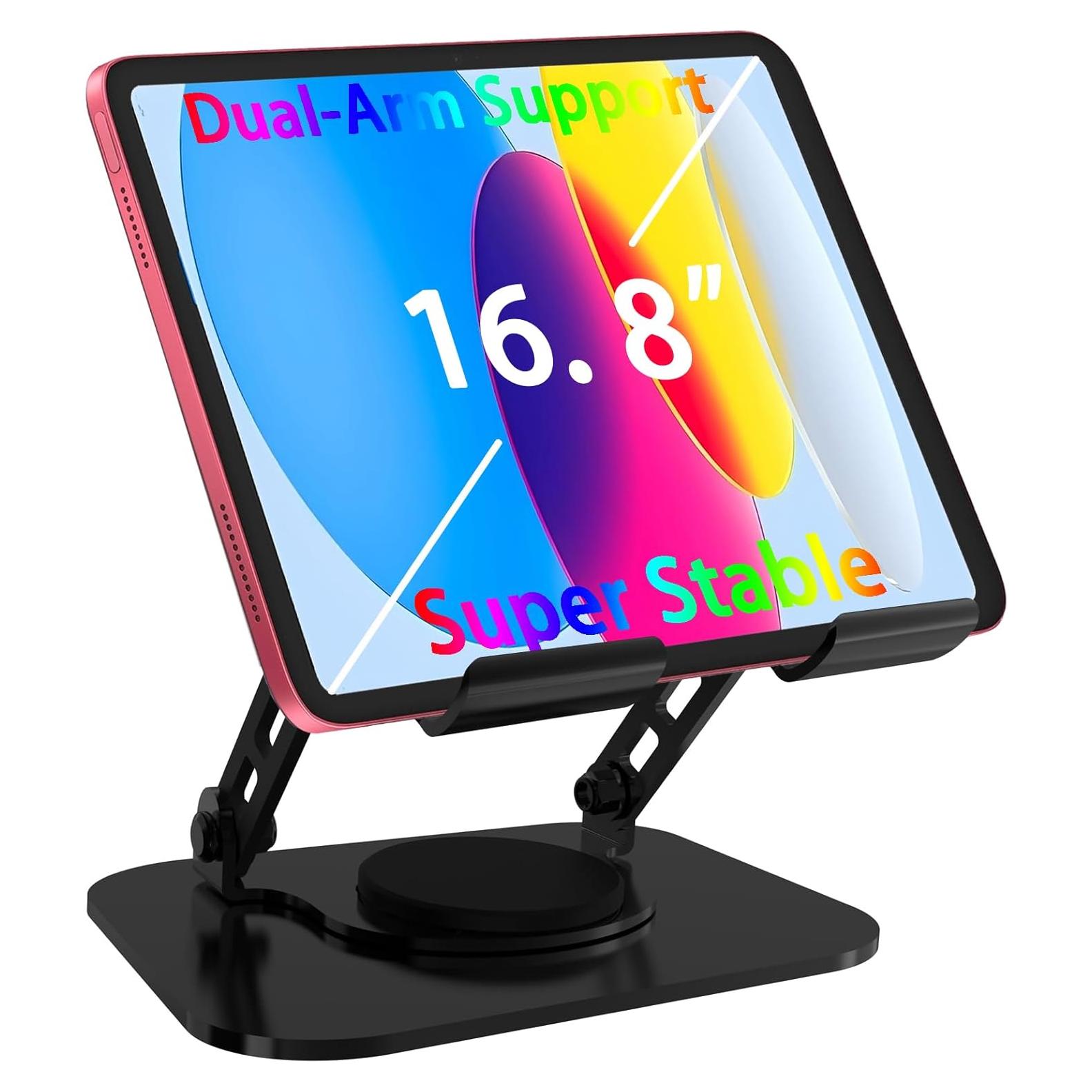 Tablet Stand, 360° Rotation Dual-Arm Support iPad Holder Office Desk Accessories, Foldable iPad Air Holder Travel Accessories for Desk Men Gifts Fits All 4-16" Tablet (Black)