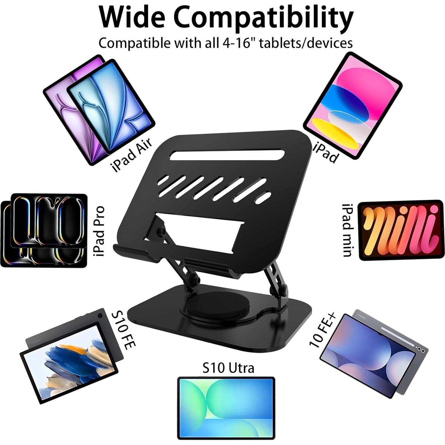 Tablet Stand, 360° Rotation Dual-Arm Support iPad Holder Office Desk Accessories, Foldable iPad Air Holder Travel Accessories for Desk Men Gifts Fits All 4-16" Tablet (Black)