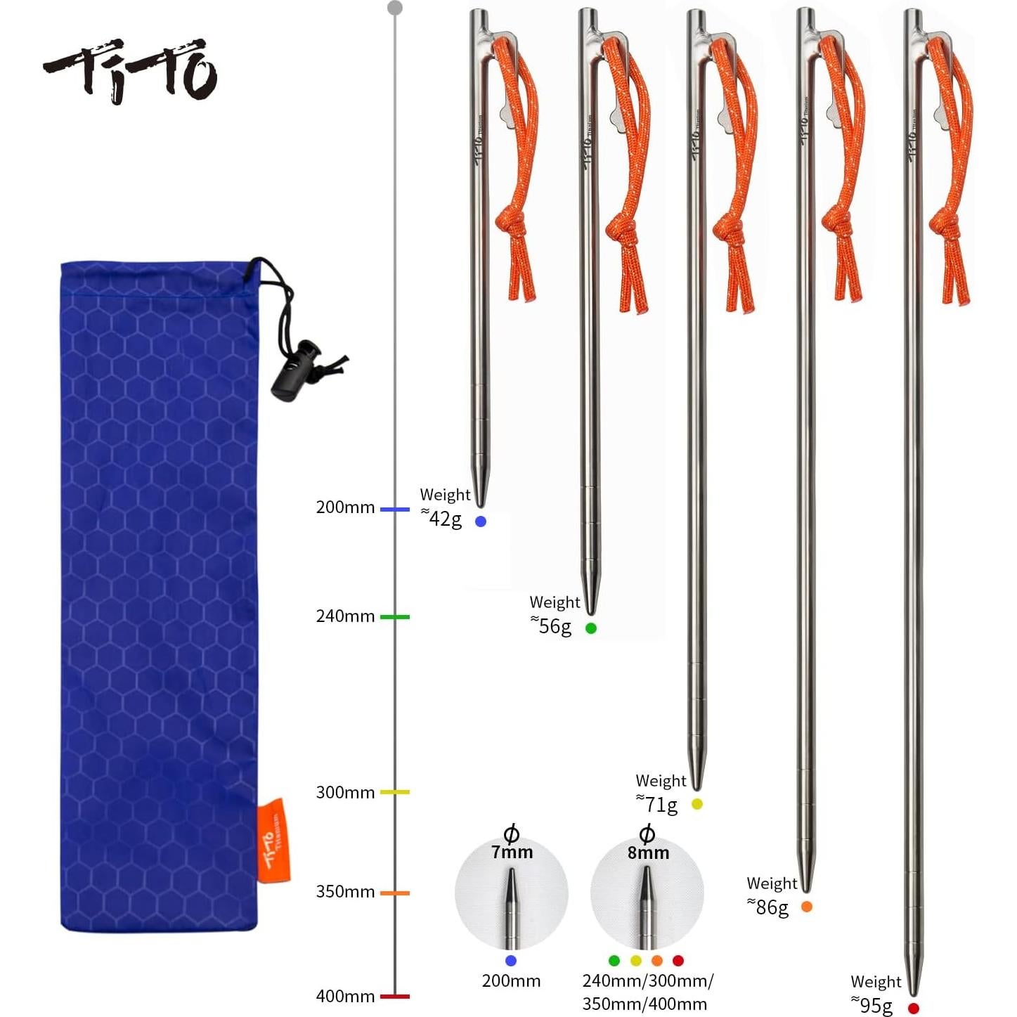 Clavos de Titanio TiTo para Tienda de Camping 7x200mm - 4pcs