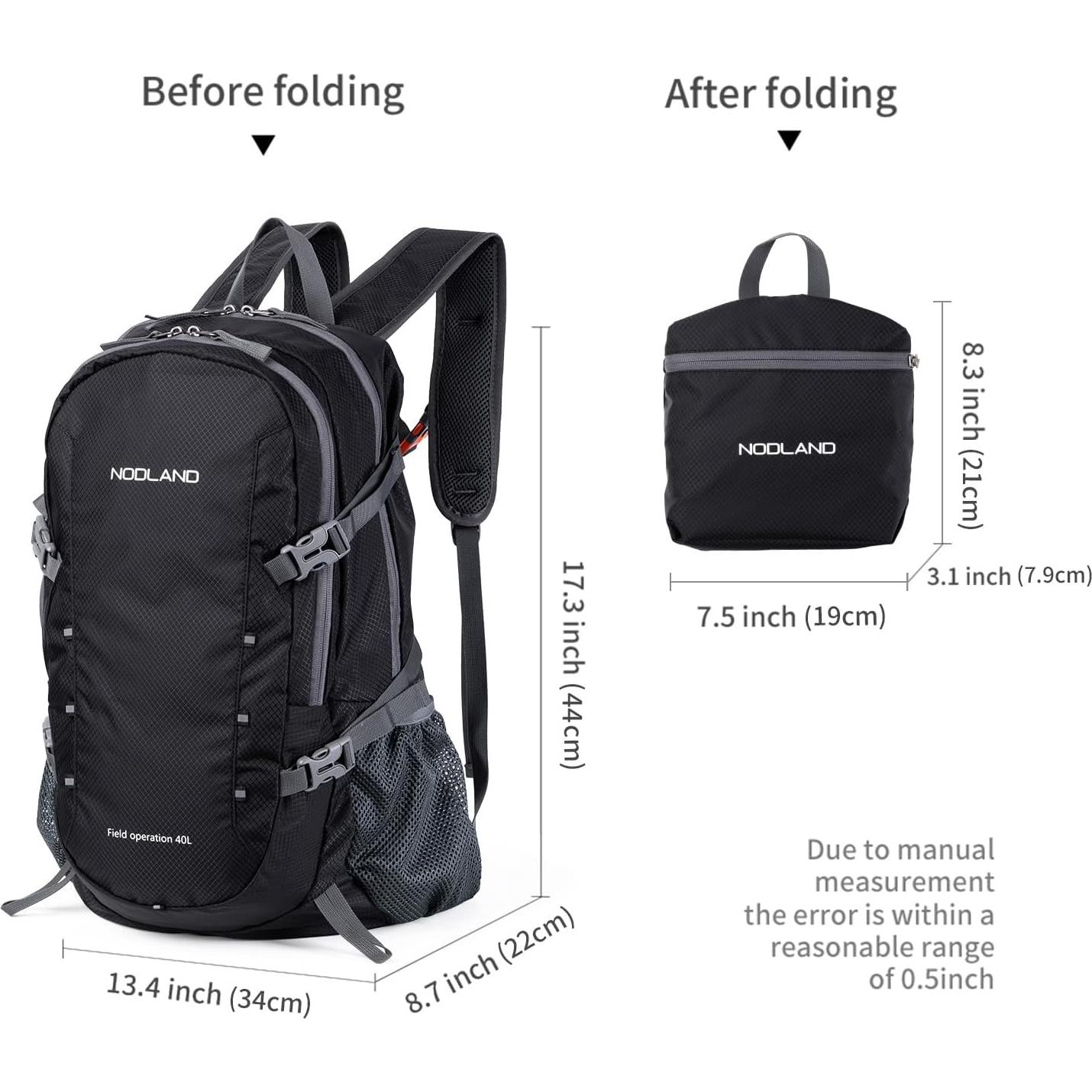 Mochila de Senderismo NODLAND 40L Plegable Resistente al Agua