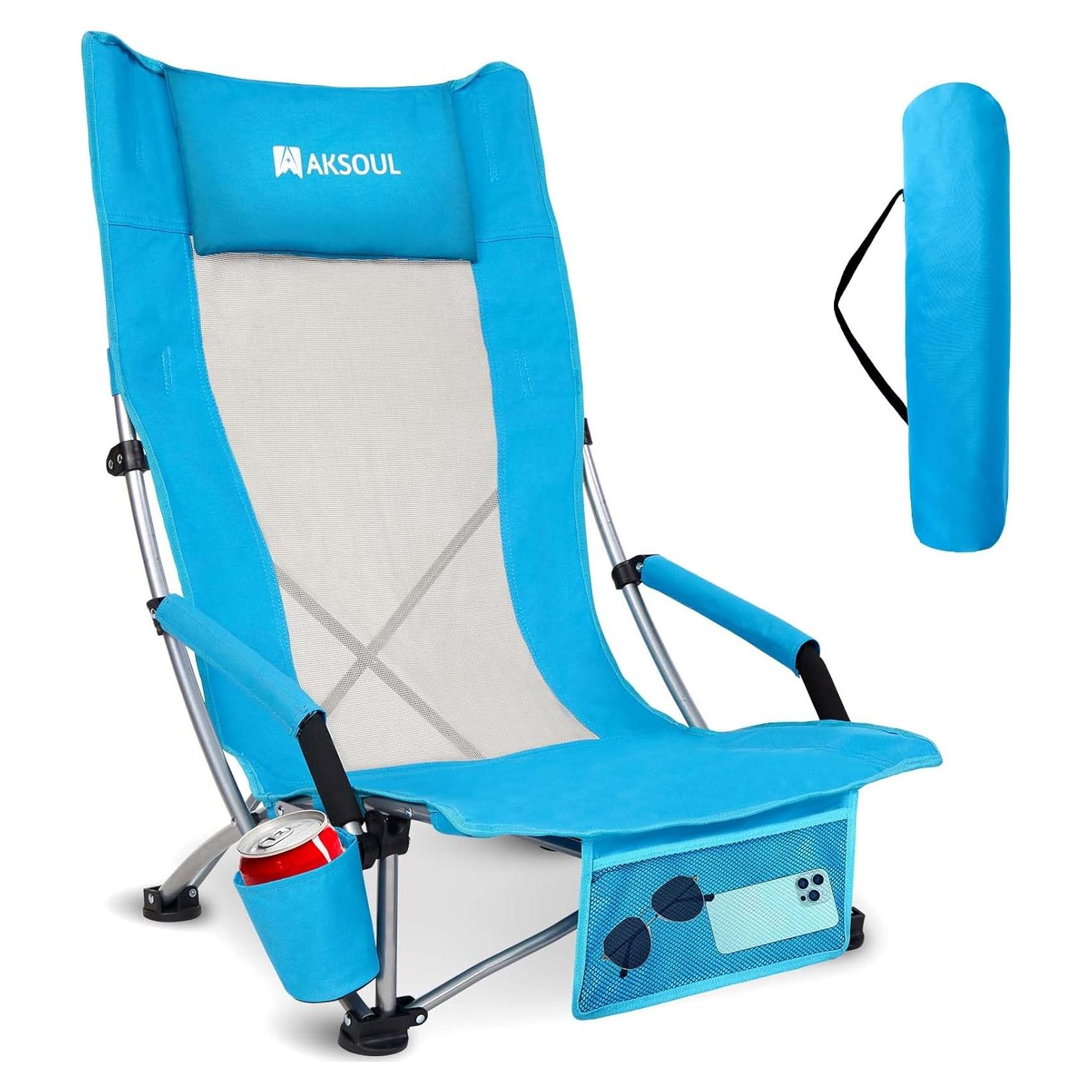 Silla de Playa Plegable AKSOUL Alta Respaldo Azul 136 kg