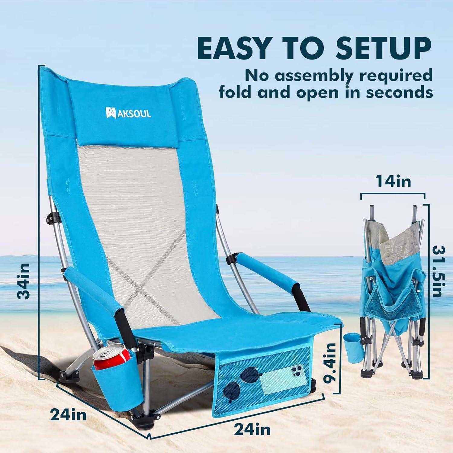 Silla de Playa Plegable AKSOUL Alta Respaldo Azul 136 kg