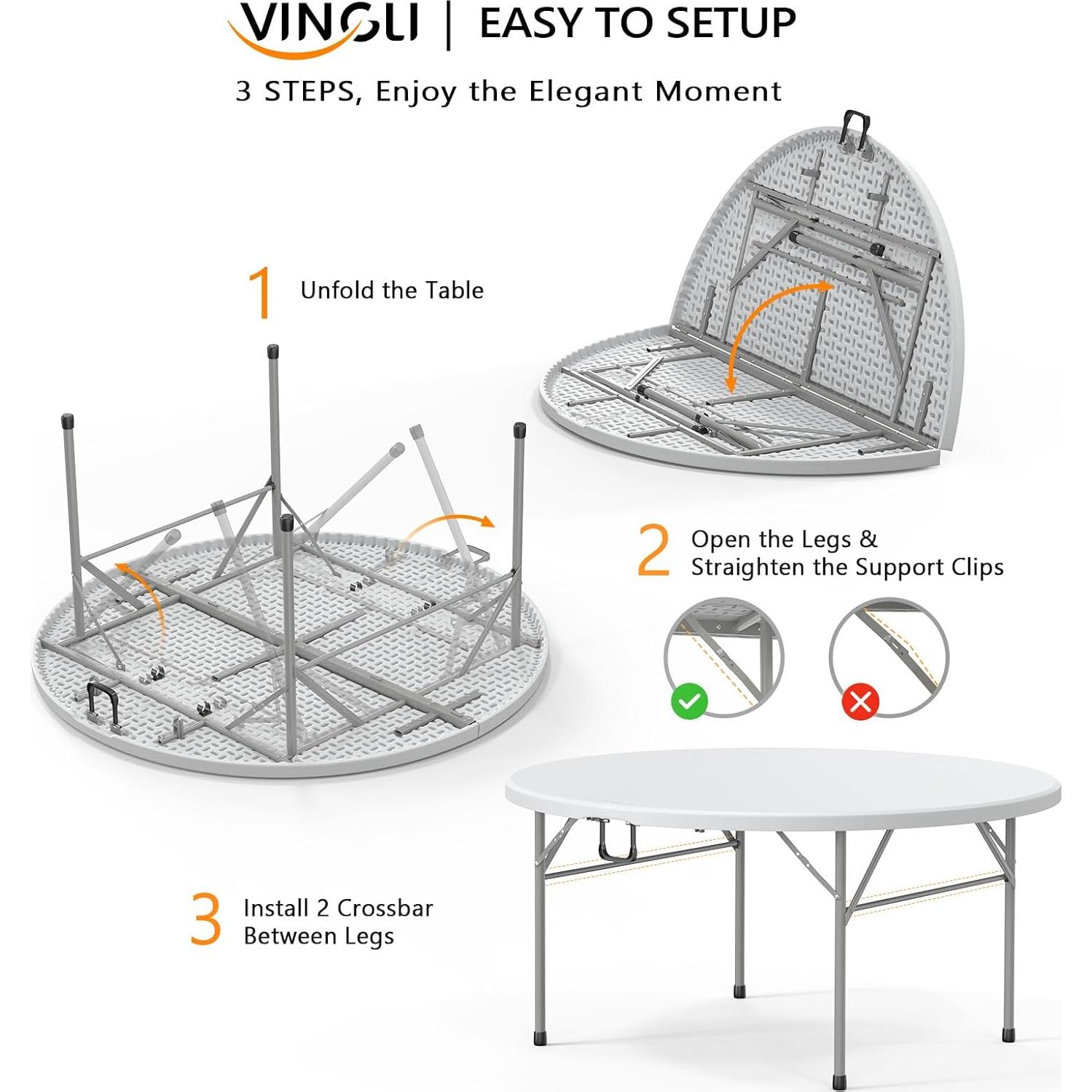 Mesa Plegable Redonda VINGLI 122 cm Blanca para Eventos - Paquete de 2