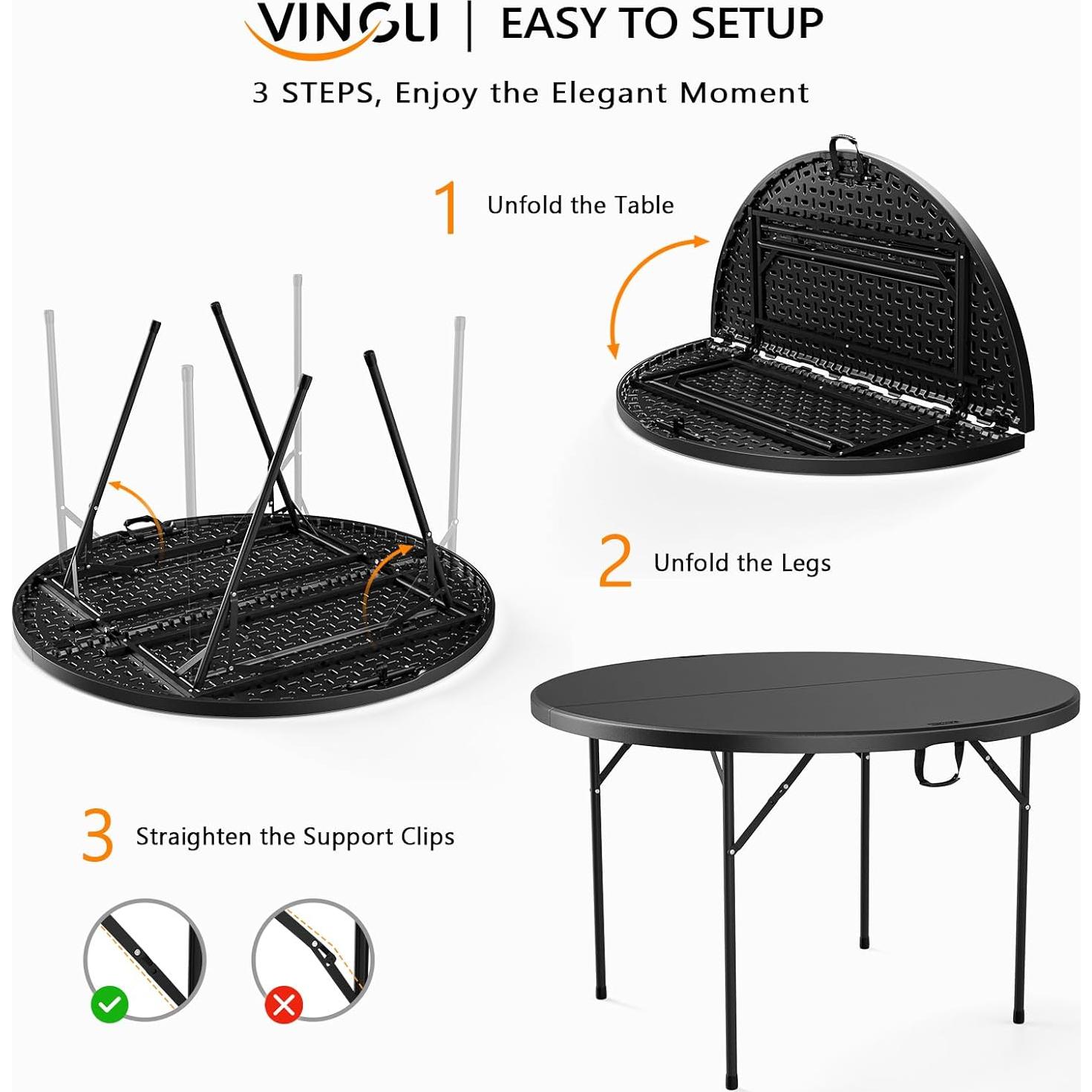 Mesa Redonda Plegable VINGLI 48" Negra para Eventos 408 kg