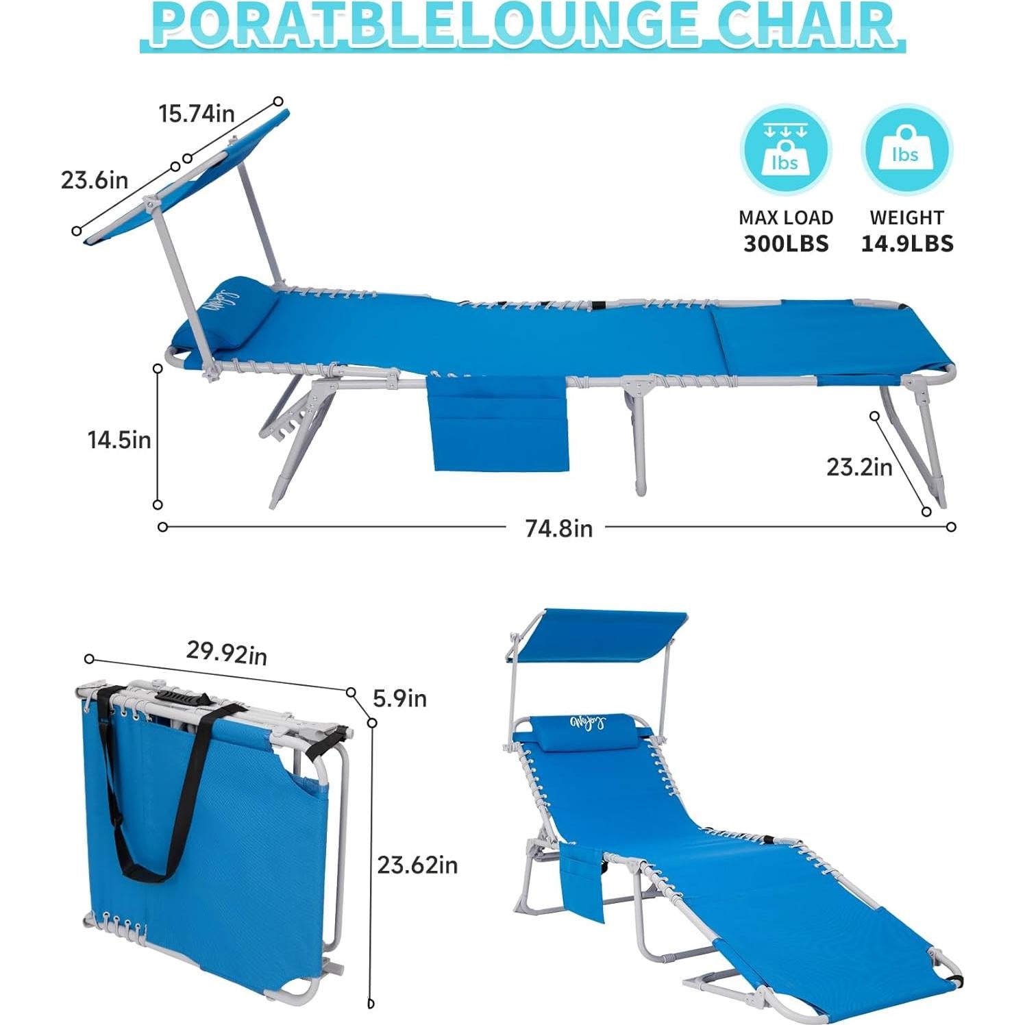 #WEJOY 3 in 1 Tanning Chair with Face Hole & Canopy, 300 lbs Heavy Duty 5 Positions Folding Face Down Lounge Chairs Outdoor with Pillow & Storage Bag Portable for Pool Beach Lawn Camping (Blue)