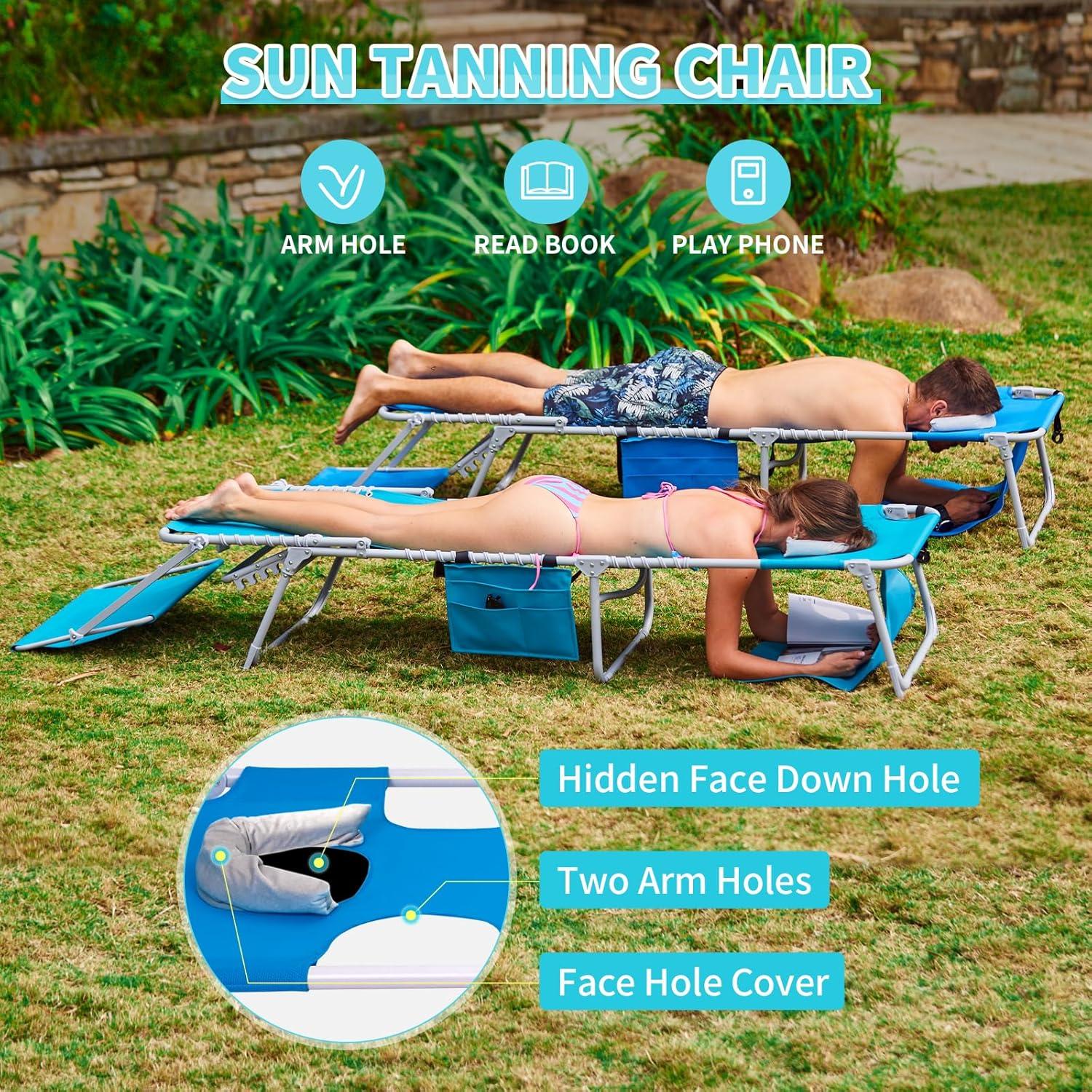 #WEJOY 3 in 1 Tanning Chair with Face Hole & Canopy, 300 lbs Heavy Duty 5 Positions Folding Face Down Lounge Chairs Outdoor with Pillow & Storage Bag Portable for Pool Beach Lawn Camping (Blue)