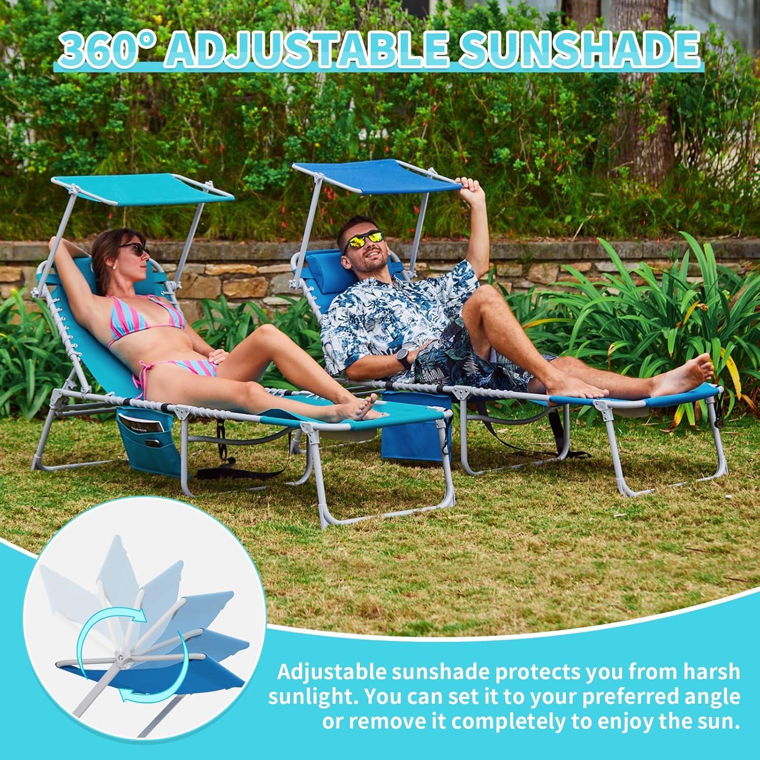#WEJOY 3 in 1 Tanning Chair with Face Hole & Canopy, 300 lbs Heavy Duty 5 Positions Folding Face Down Lounge Chairs Outdoor with Pillow & Storage Bag Portable for Pool Beach Lawn Camping (Blue)