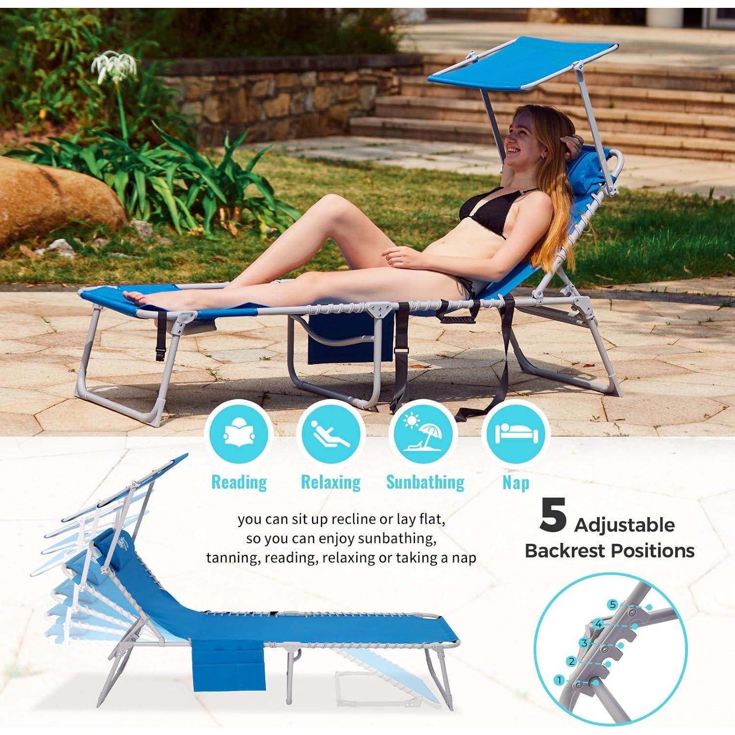 #WEJOY 3 in 1 Tanning Chair with Face Hole & Canopy, 300 lbs Heavy Duty 5 Positions Folding Face Down Lounge Chairs Outdoor with Pillow & Storage Bag Portable for Pool Beach Lawn Camping (Blue)